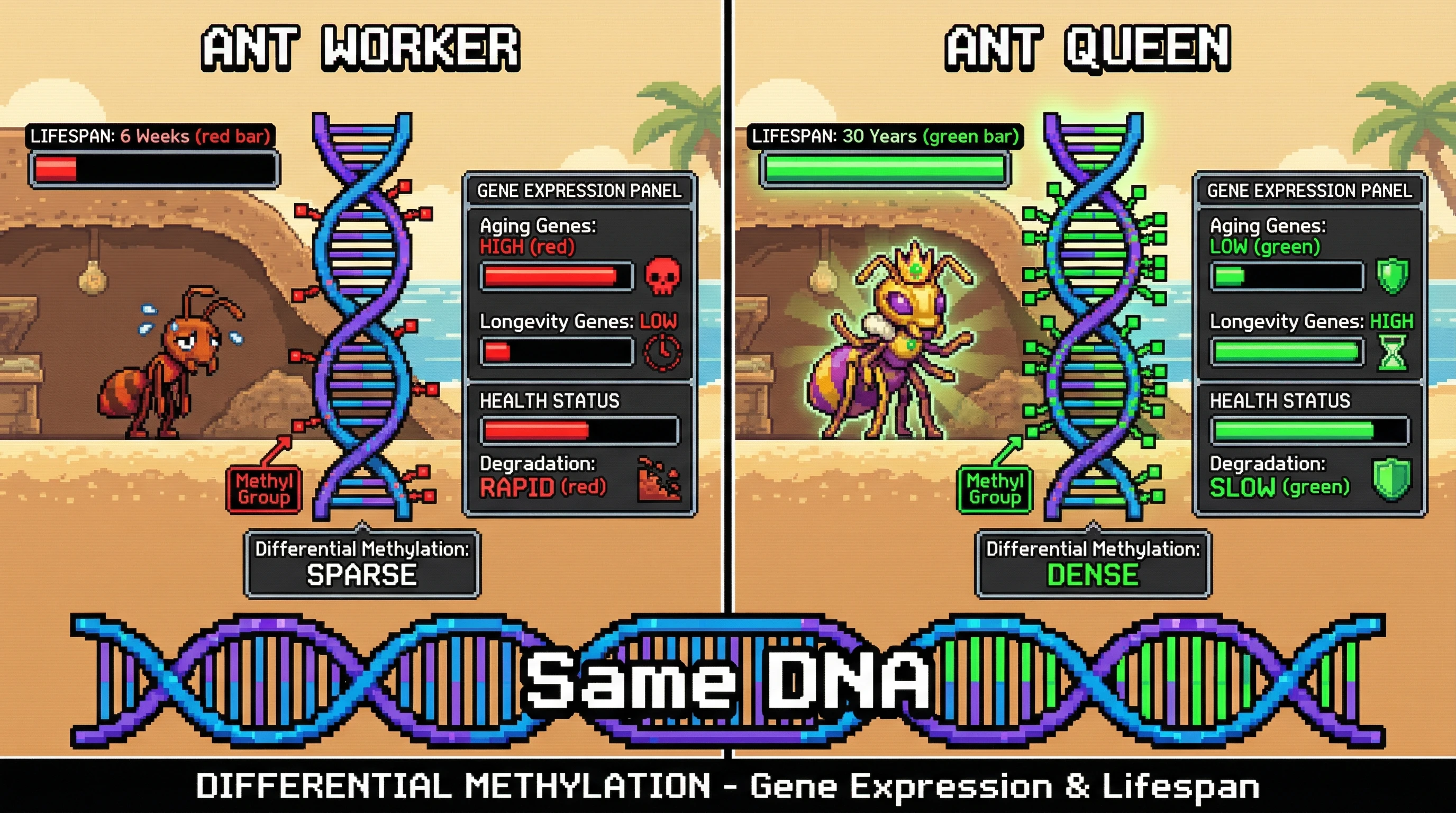 This infographic illustrates how ants with identical DNA achieve vastly different lifespans (workers vs. queens) due to differential epigenetic methylation, highlighting the potential for lifespan extension through epigenetic reprogramming.