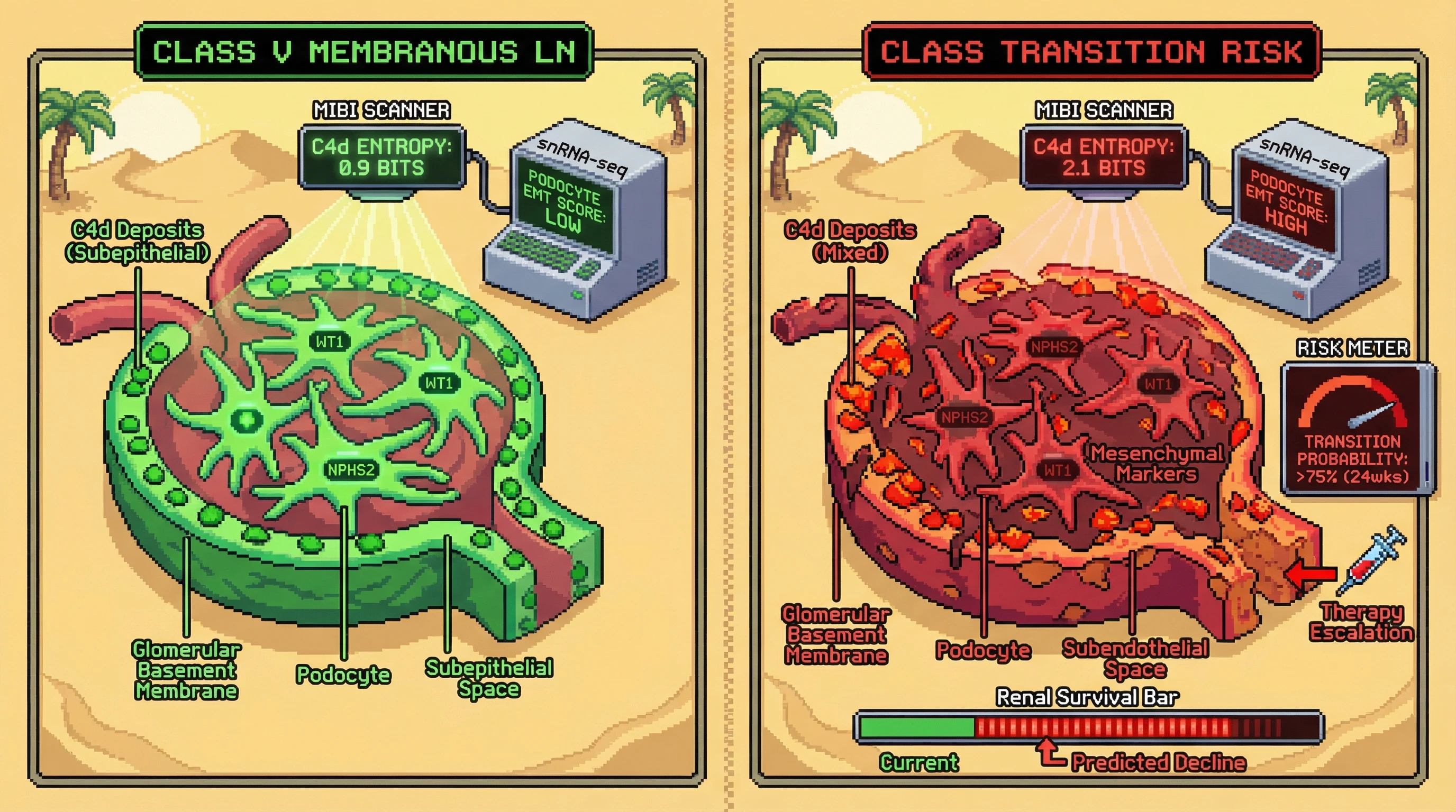 Infographic for: Spatial Proteomics of Glomerular C4d Deposition Patterns Combined With Single-Cell Podocyte Stress Transcriptomes Predict Membranous-to-Proliferative Class Transition in Lupus Nephritis 10–24 Weeks Before Histological Reclassification