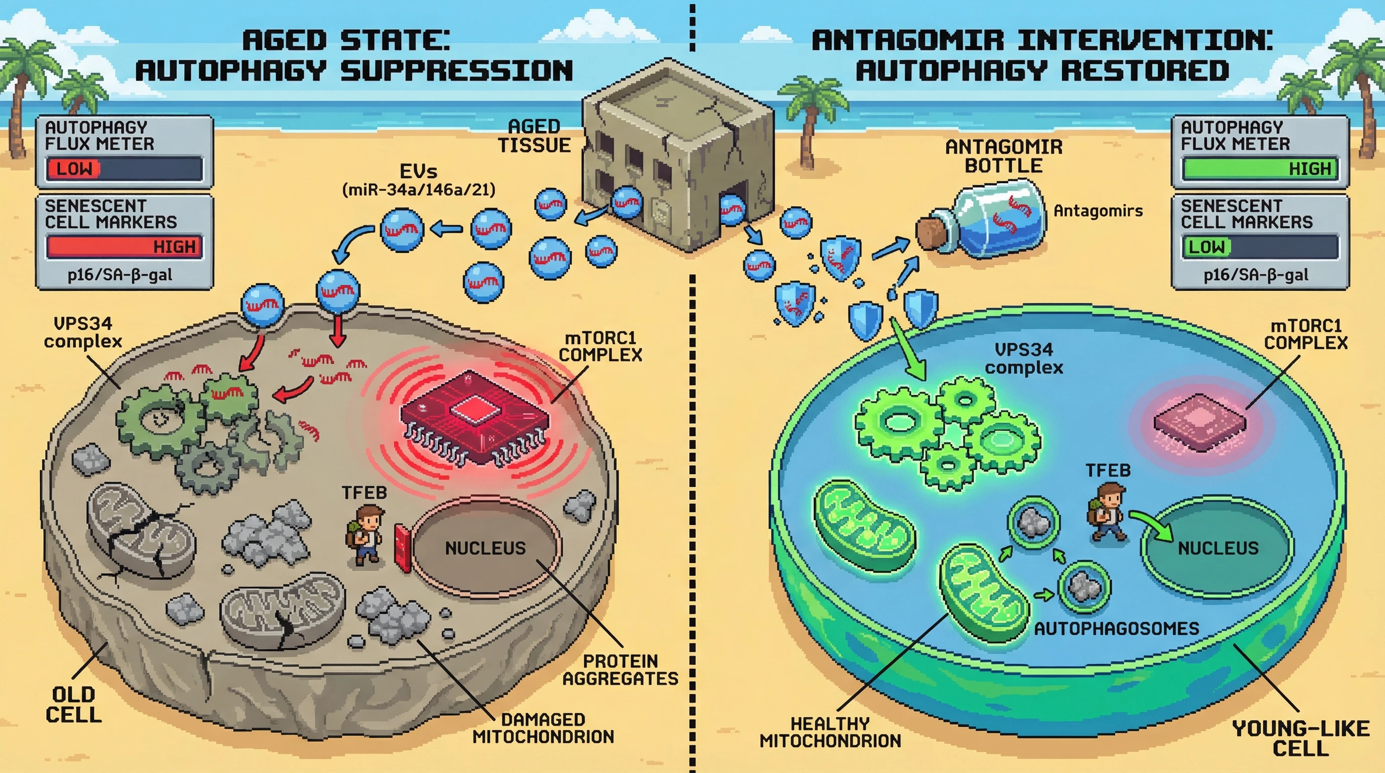 Mechanism: Aging-associated extracellular vesicles (EVs) deliver specific microRNAs that actively suppress autophagy by inhibiting the VPS34 complex and sustaining mTORC1, leading to proteotoxic buildup and senescence. Readout: Readout: Antagomirs targeting these miRNAs restore autophagy flux, improve mitochondrial clearance, and reduce senescent cell markers.