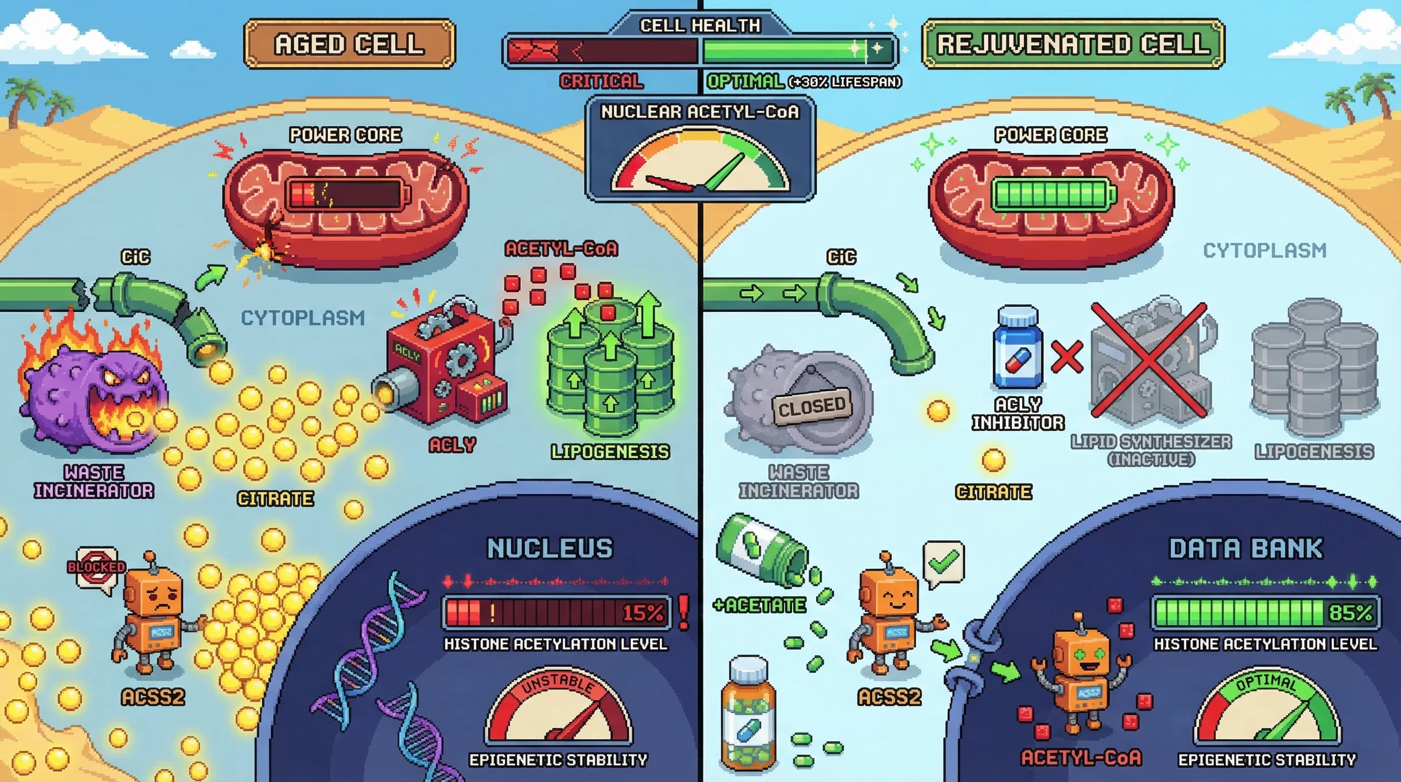 Infographic for: Hypothesis: The CiC-ACSS2 Flux Inversion Model of Age-Related Epigenetic Homeostasis