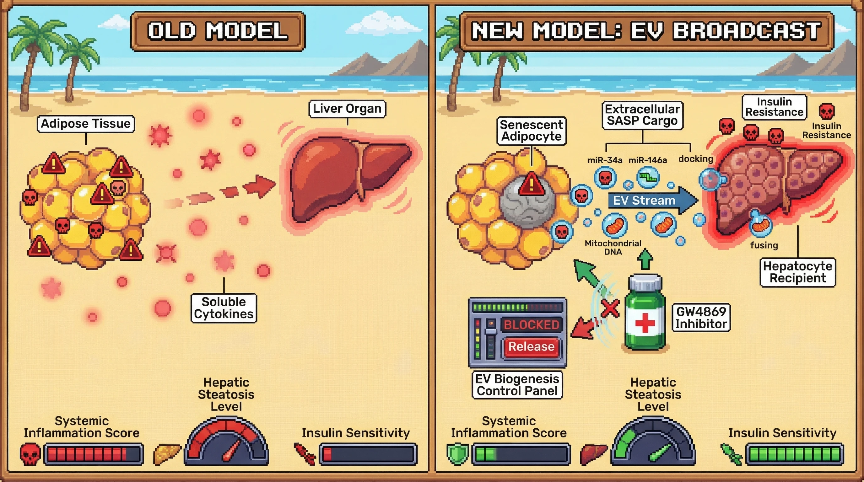 Mechanism: Aged adipose tissue actively secretes extracellular vesicles (EVs) packed with inflammatory cargo, delivering targeted signals to distant organs like the liver. Readout: Readout: Inhibiting EV release with GW4869 reduces systemic inflammation, hepatic steatosis, and improves insulin sensitivity.
