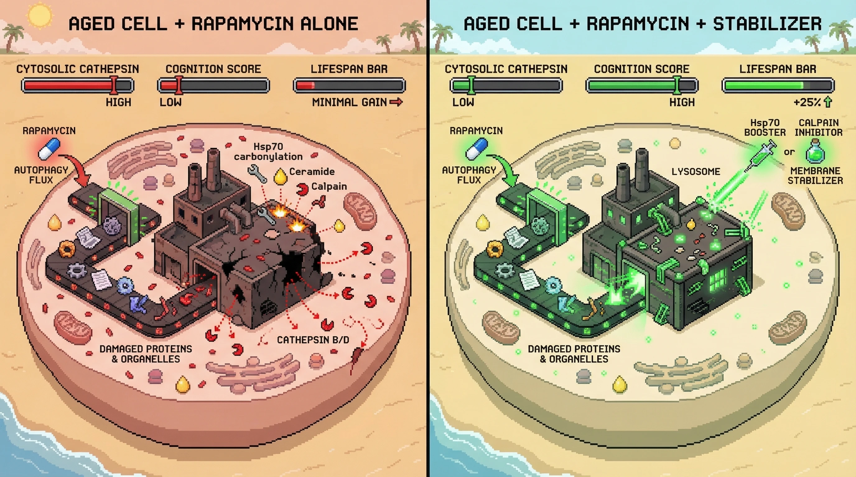 Infographic for: Rapamycin‑driven autophagy may worsen lysosomal cathepsin leak unless paired with membrane‑stabilizing therapies