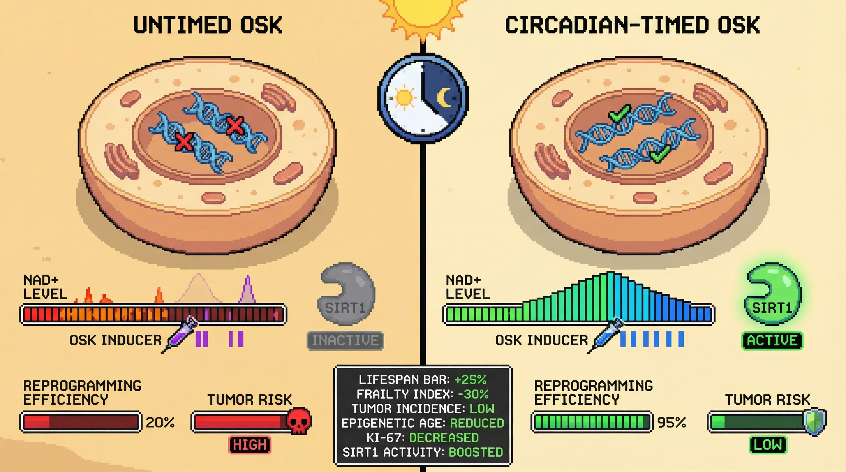 Mechanism: Circadian-timed OSK induction aligns with peak NAD+ levels, activating SIRT1 to decondense chromatin, enhancing epigenetic reprogramming. Readout: Readout: This approach significantly reduces epigenetic age biomarkers, lowers tumorigenic risk, and increases lifespan by 25%.