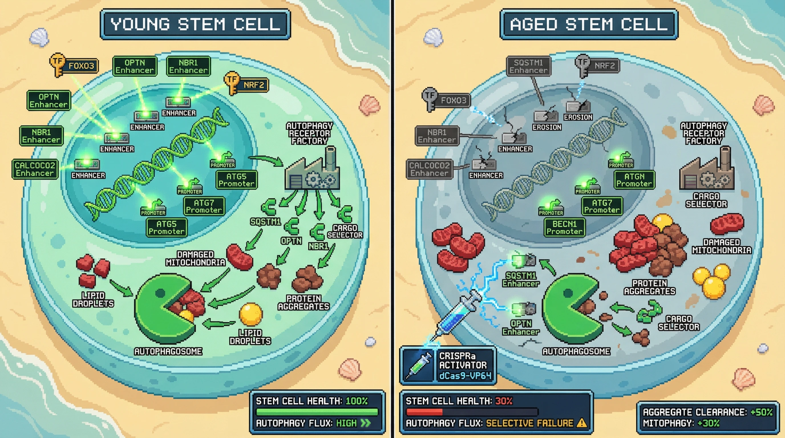 Mechanism: Age-related erosion of specific enhancers for selective autophagy receptors (e.g., SQSTM1, OPTN) causes a hierarchical failure in clearing damaged cellular components, while core autophagy machinery remains functional. Readout: Readout: Targeted enhancer activation in aged stem cells partially rescues aggrephagy and mitophagy, reducing accumulated debris.