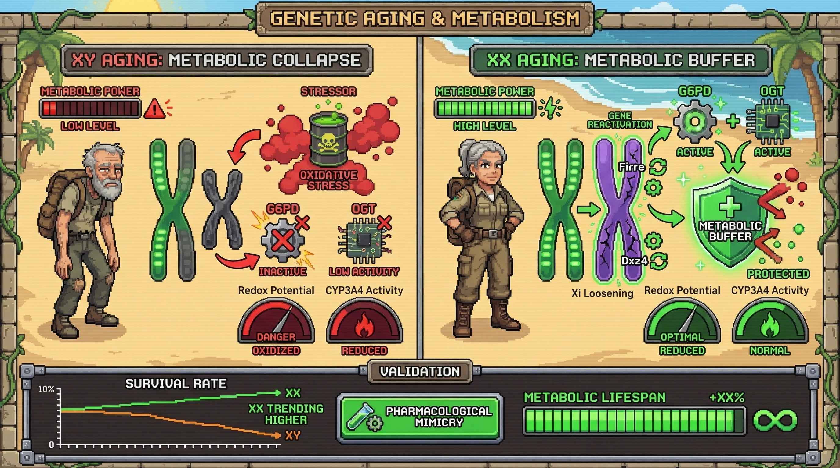 Mechanism: As females age, their inactive X chromosome undergoes 'loosening', reactivating key genes like G6PD and OGT to create a metabolic buffer against oxidative stress. Readout: Readout: This process is hypothesized to boost metabolic power and survival rates, a benefit XY individuals lack, and could potentially be mimicked pharmacologically to extend lifespan.