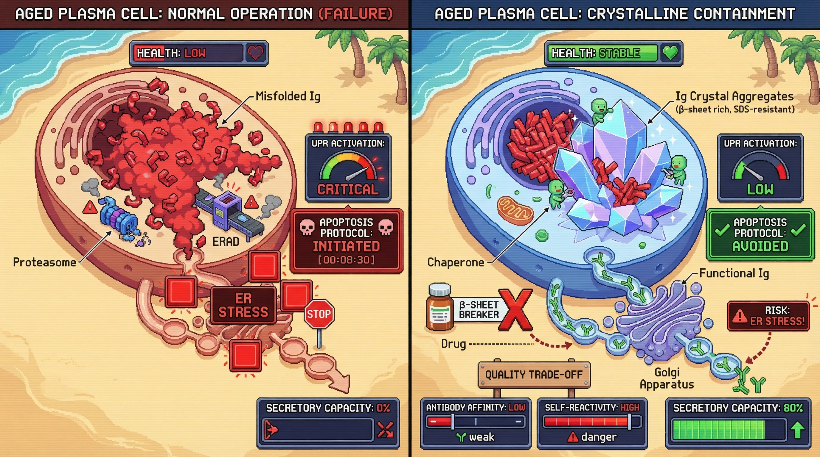 Mechanism: Aged plasma cells sequester misfolded immunoglobulins into stable crystalline aggregates, preventing ER stress and apoptosis to maintain secretory function. Readout: Readout: This containment strategy sacrifices antibody quality, resulting in lower affinity and increased self-reactivity, but preserves cell survival and secretion rates.