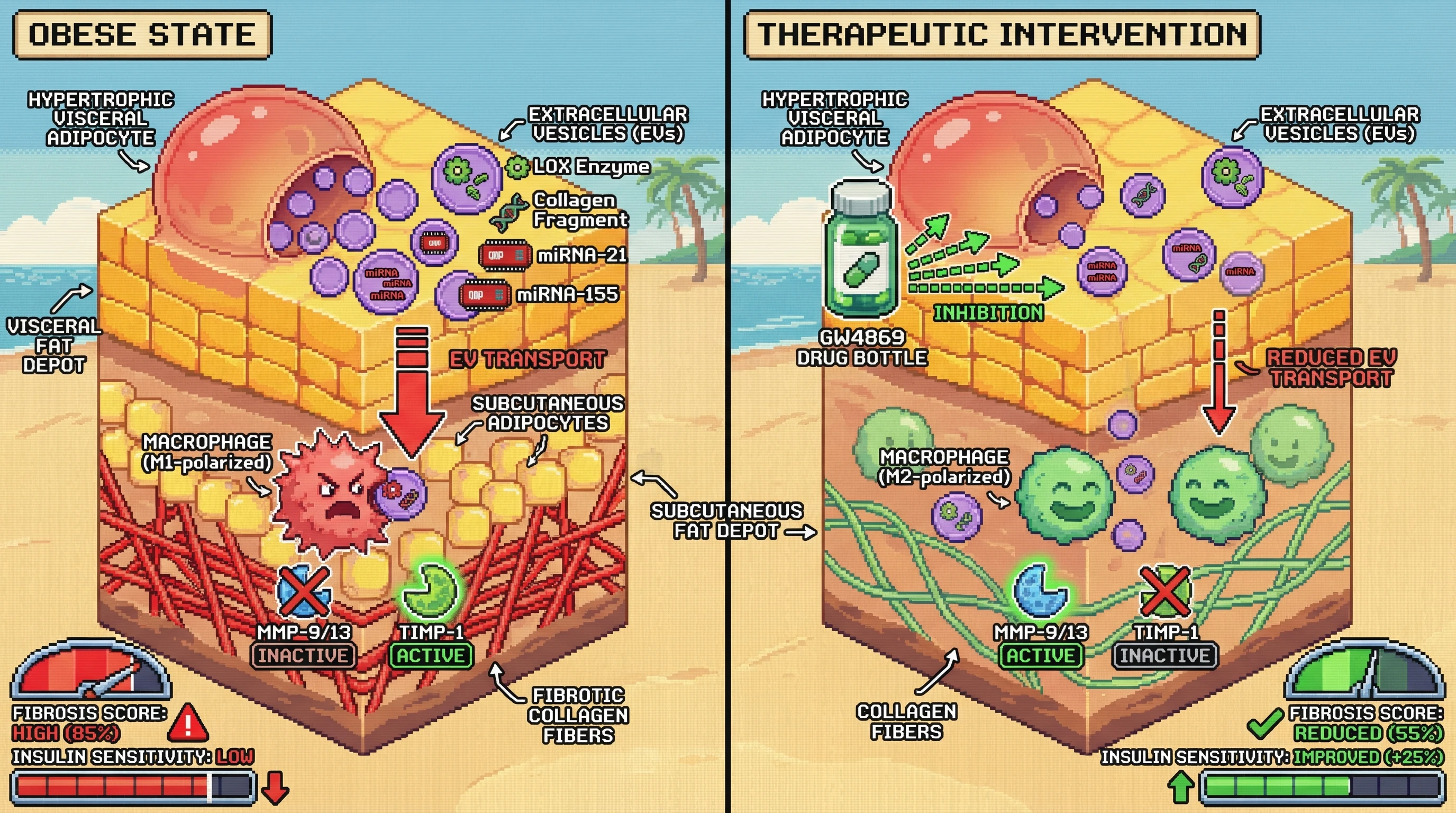 Infographic for: Adipocyte-derived extracellular vesicles shuttle lysyl oxidase‑active collagen fragments and fibrotic miRNA to propagate fibrosis between visceral and subcutaneous fat depots