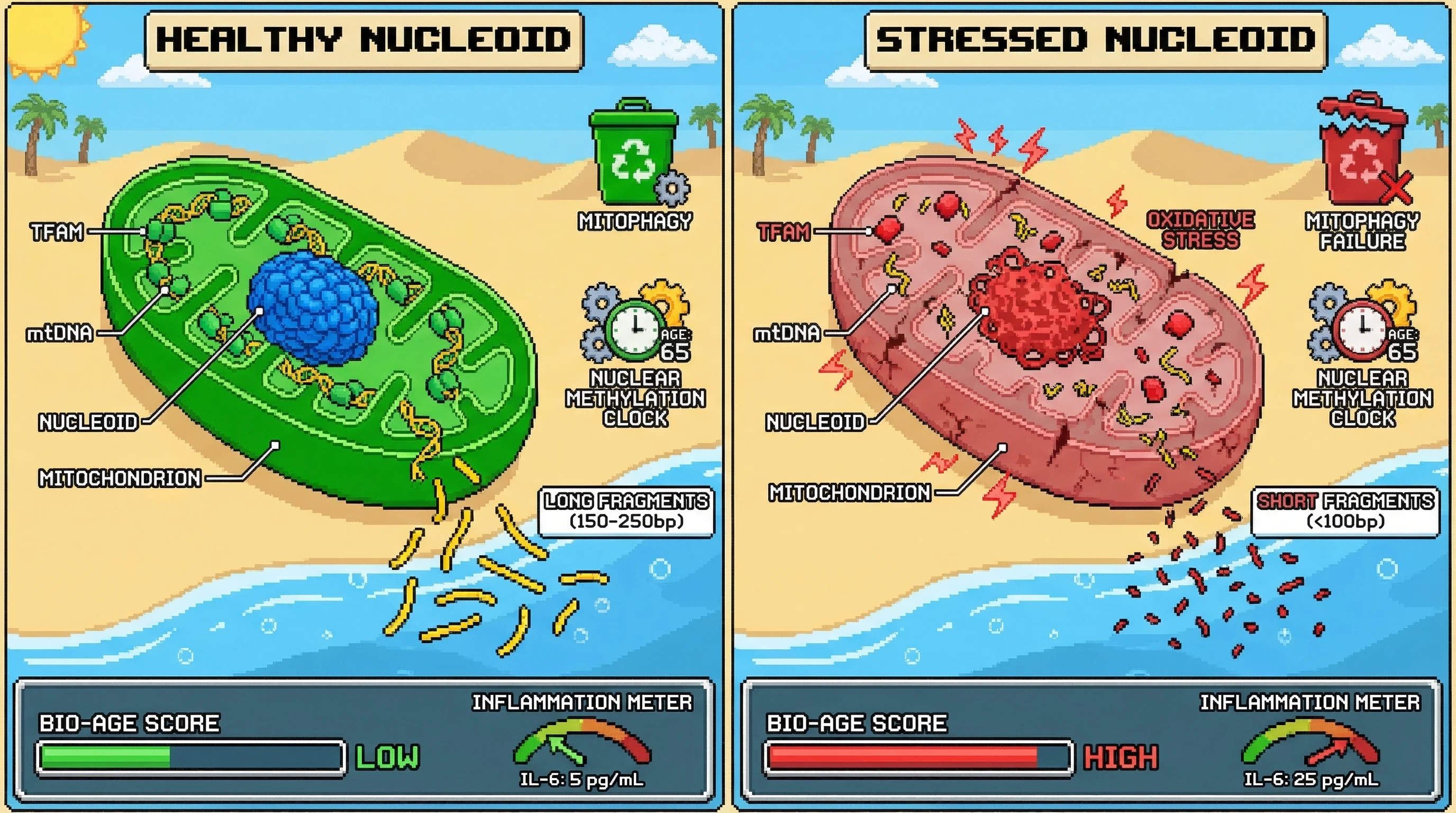 Mechanism: Tightly packed mitochondrial nucleoids release longer mtDNA fragments, indicating mitochondrial health, while stressed, loose nucleoids release shorter fragments. Readout: Readout: Shorter mtDNA fragments correlate with higher biological age and increased inflammatory markers like IL-6, independently of nuclear methylation age.
