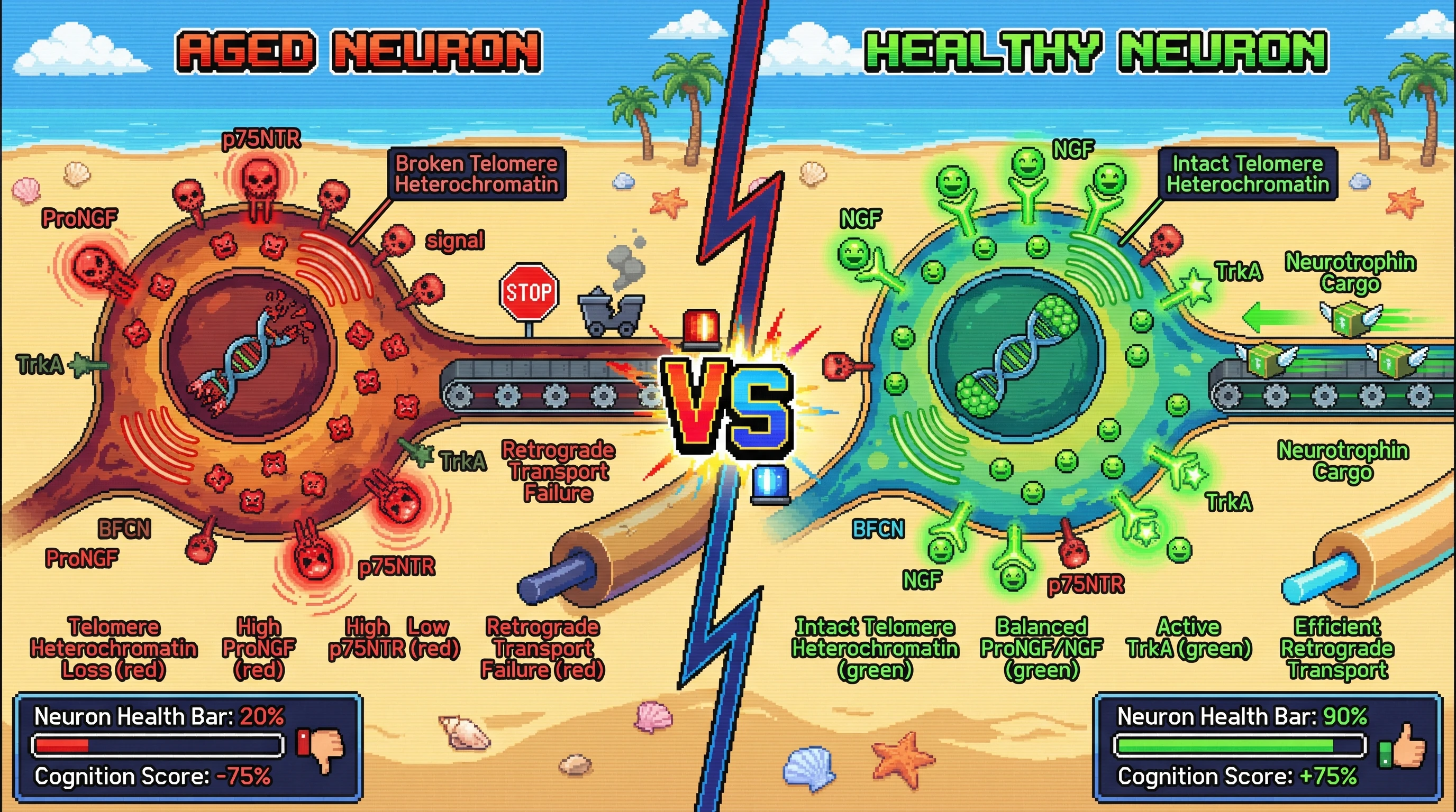Infographic for: TelomereHeterochromatin Loss Drives ProNGF/p75NTR Imbalance and Retrograde Transport Failure in Basal Forebrain Cholinergic Neurons