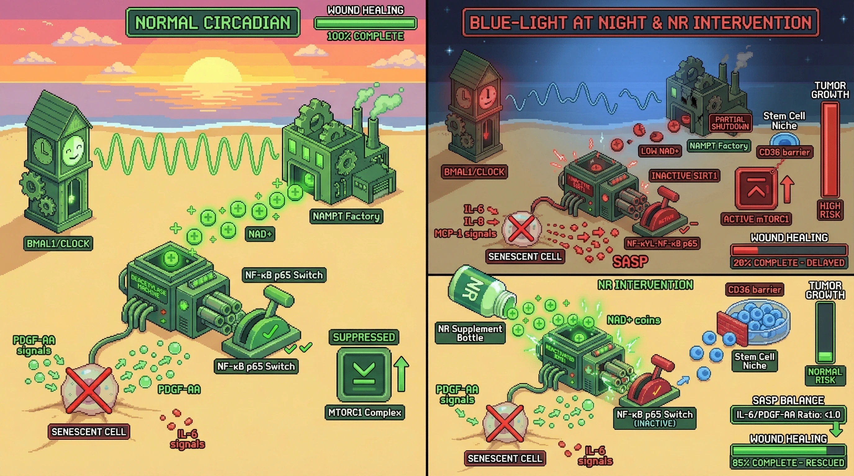 Infographic for: Circadian Disruption Reprograms Senescent Cell SASP from Pro-Repair to Pro-Inflammatory via NAD+-SIRT1-NF-κB Axis