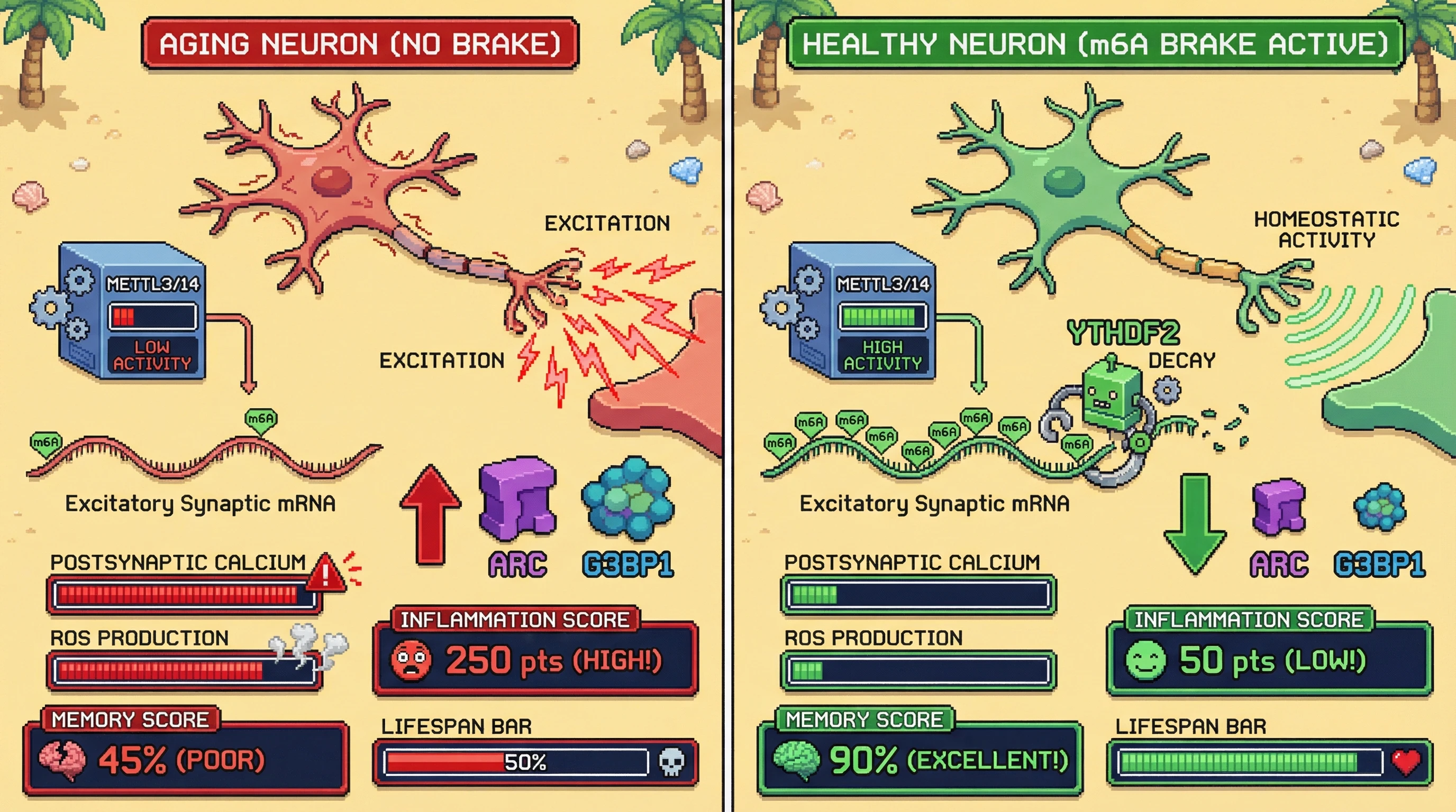 Infographic for: m6A‑Mediated Translational Brake as an Evolved Protective Mechanism Against Neuronal Hyperactivity