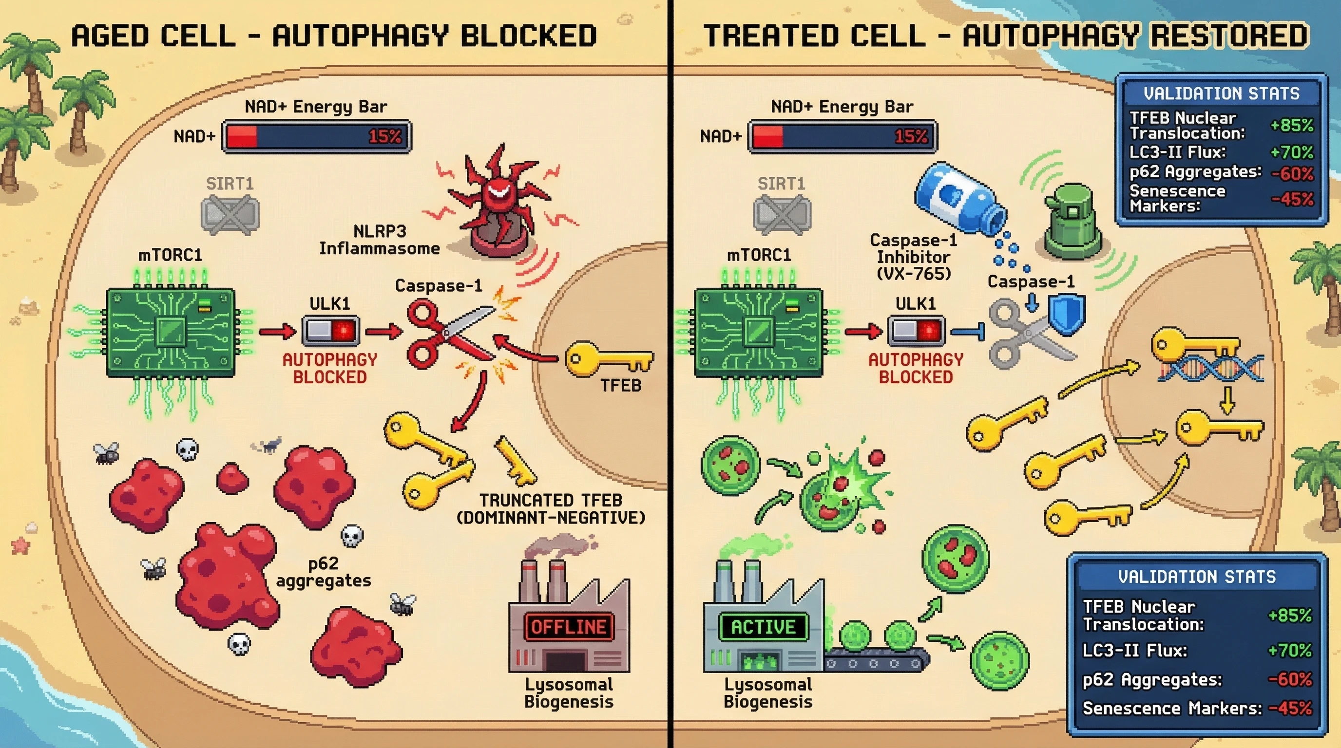 Mechanism: In aged cells, Caspase-1 cleaves TFEB, generating a dominant-negative fragment that blocks lysosomal biogenesis and autophagy, independent of NAD+ or mTORC1. Readout: Readout: Caspase-1 inhibition restores TFEB nuclear translocation and autophagic flux, reducing p62 aggregates and senescence markers by up to 85%.