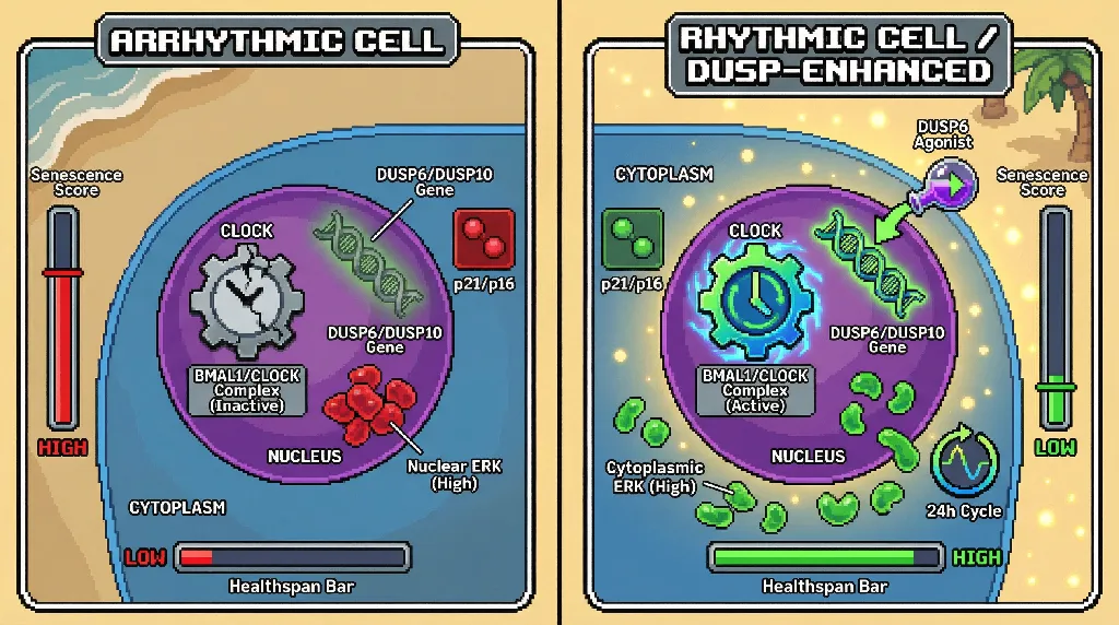 Infographic for: Circadian gating of ERK nuclear export via clock-controlled DUSP expression determines senescence susceptibility