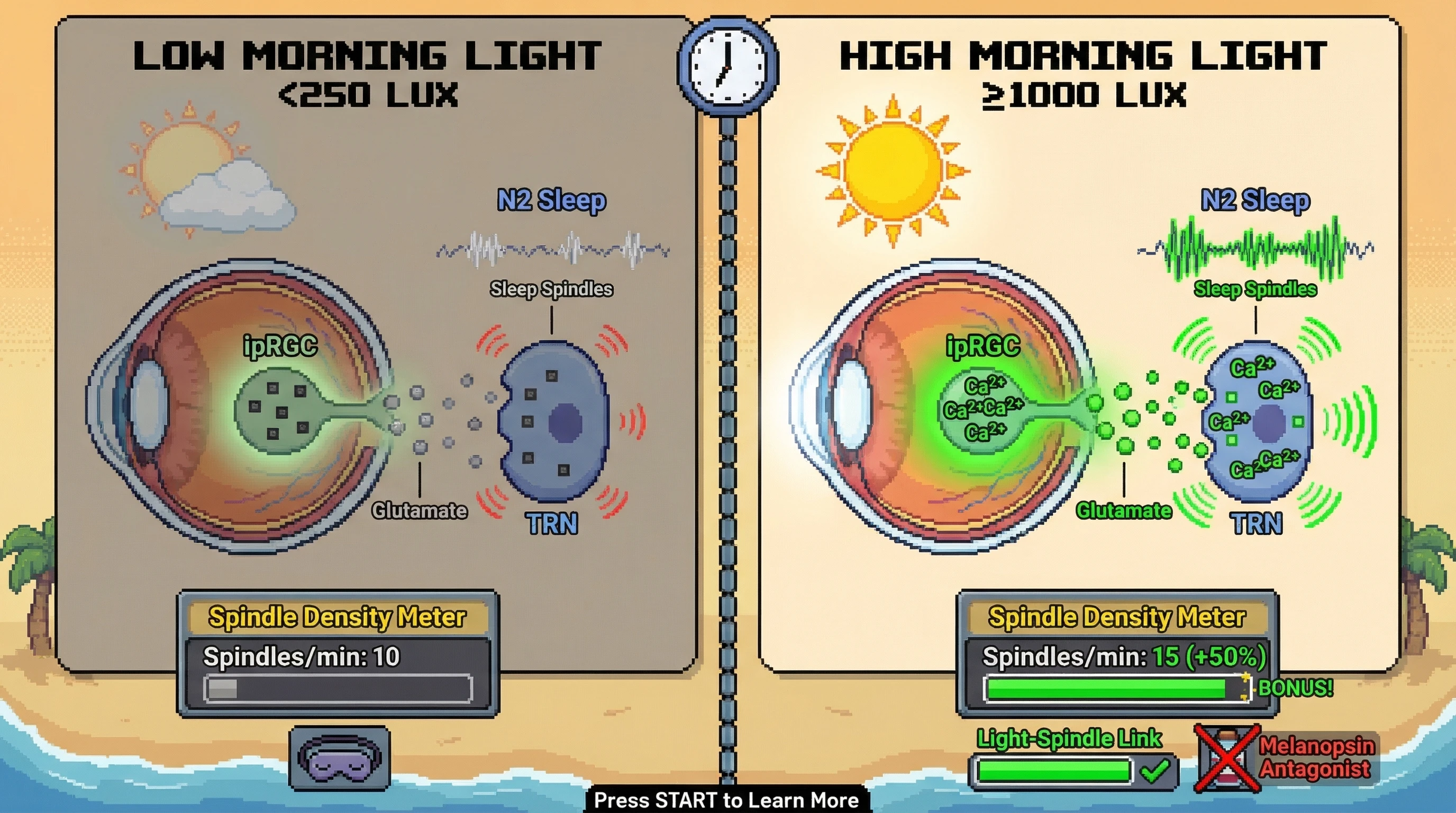 Infographic for: Morningsunlight intensity modulates sleep spindle density via ipRGC‑driven thalamocortical calcium oscillations