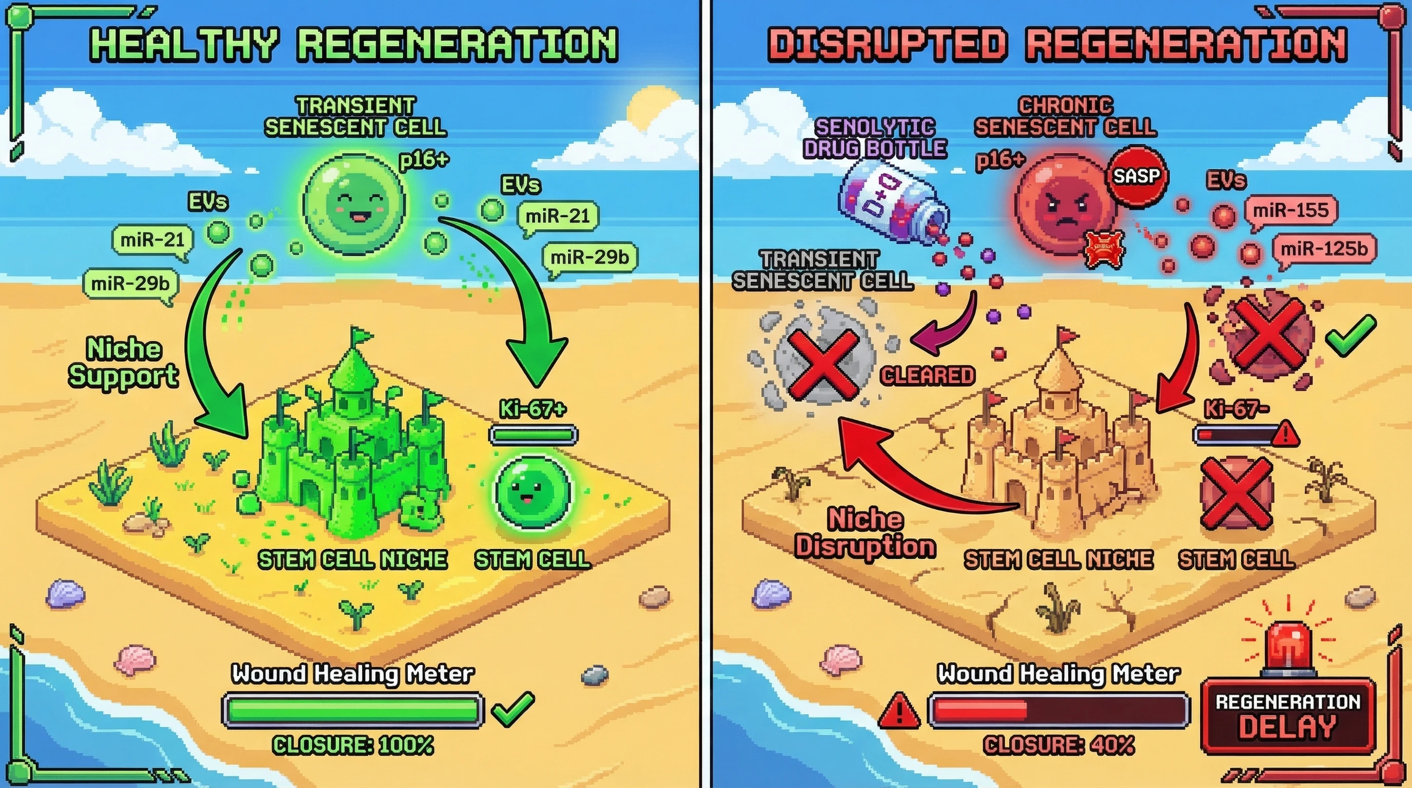 Infographic for: Transient Senescent Cell–Derived Extracellular Vesicles Maintain Stem Cell Niches by Delivering SASP-Modulated miRNAs, and Their Premature Clearance Disrupts Regenerative Homeostasis