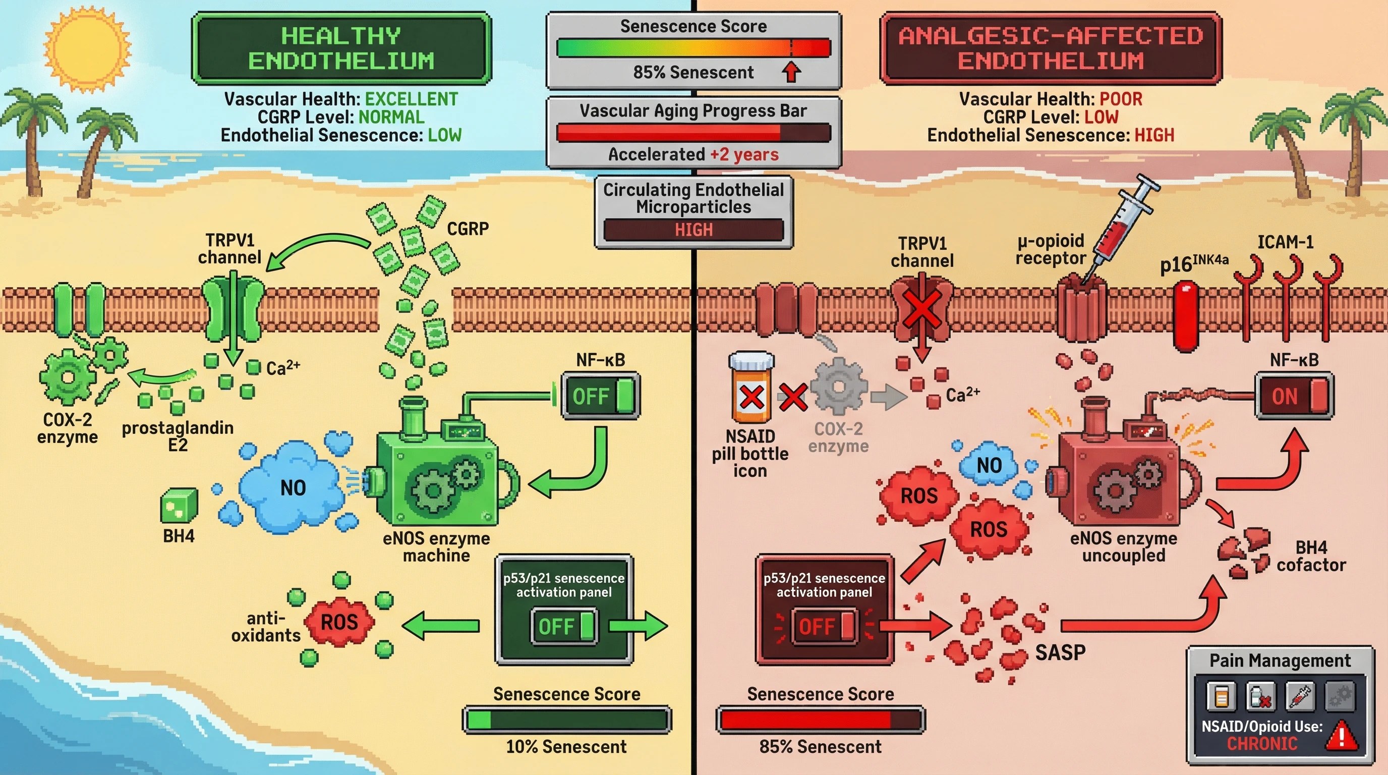 Infographic for: Analgesic-Induced TRPV1 Silencing Accelerates Endothelial Senescence via CGRP/eNOS Uncoupling