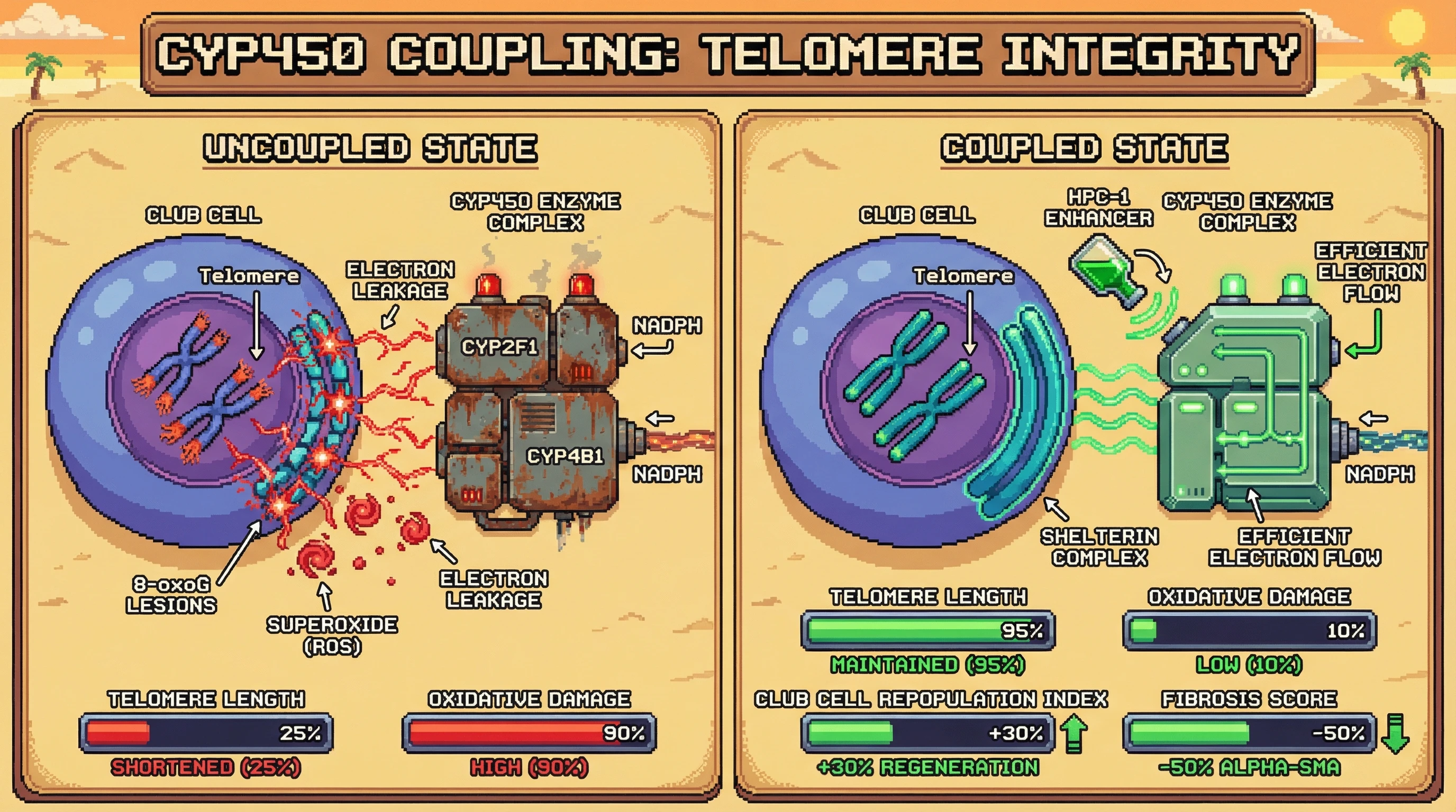 Infographic for: CYP450 Coupling Efficiency as a Modulator of Telomeric Informational Entropy in Airway Club Cells