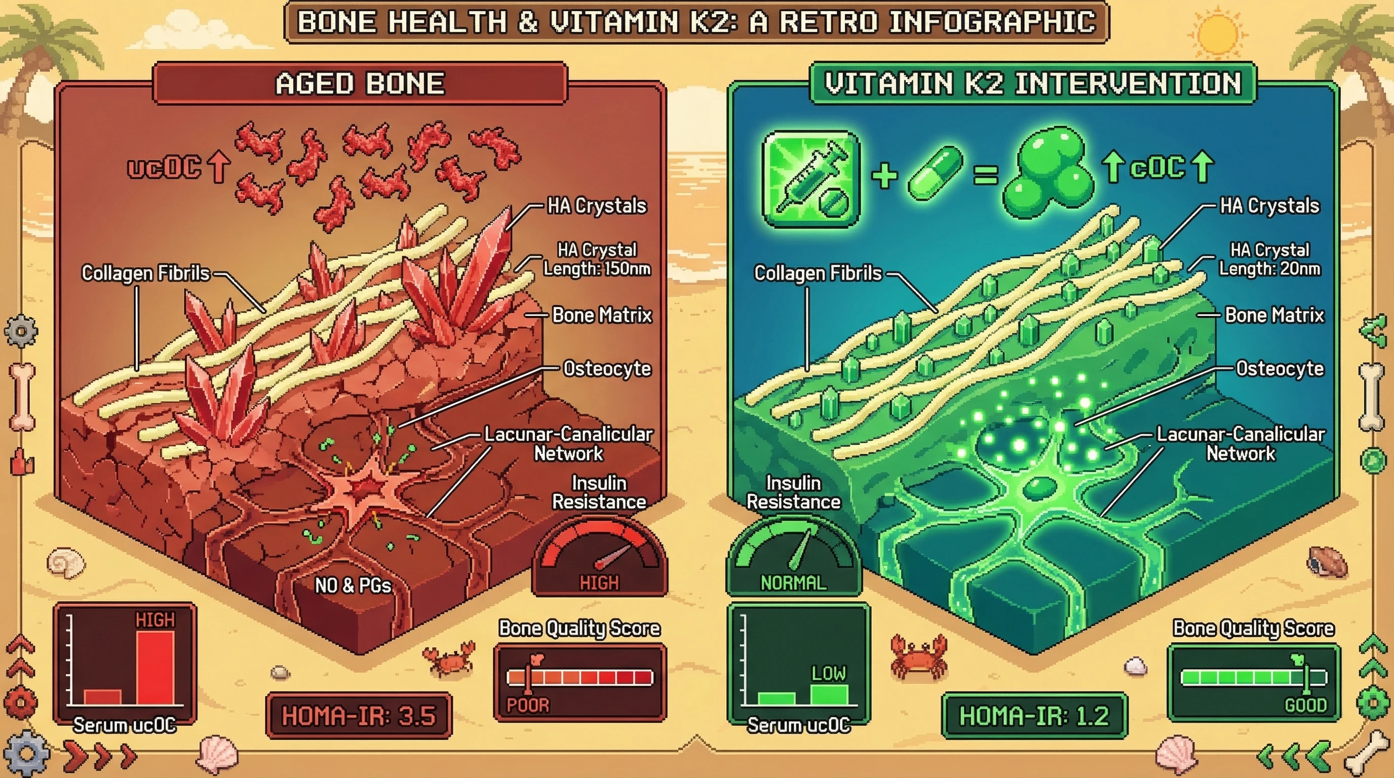 Infographic for: Undercarboxylated osteocalcin drives age‑dependent hydroxyapatite crystal enlargement via altered nucleation kinetics, linking bone matrix stiffening to osteocyte dysregulation and systemic insulin resistance
