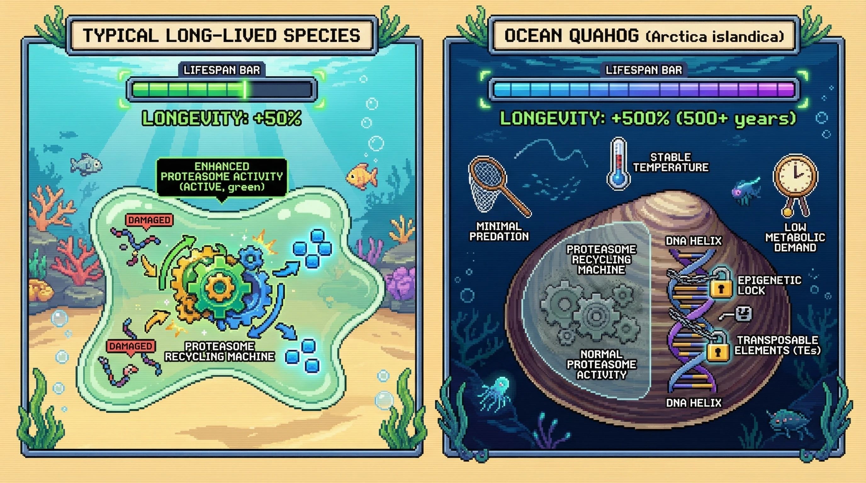 Mechanism: The Ocean Quahog achieves extreme longevity not through enhanced proteasome activity, but via deep-sea environmental stability and sustained epigenetic suppression of transposable elements. Readout: Readout: This combination enables a lifespan exceeding 500 years, far surpassing other long-lived species relying on different cellular recycling pathways.