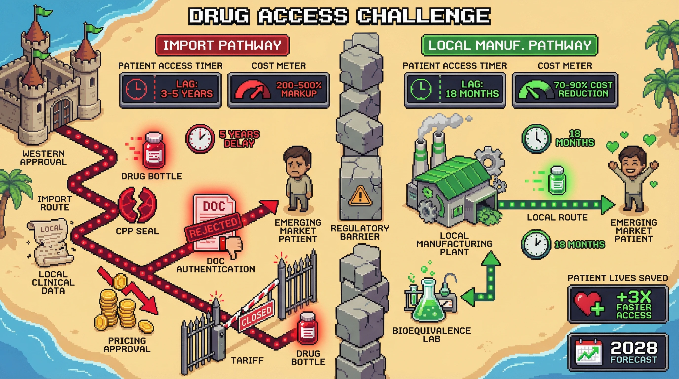 Infographic for: Emerging Market Drug Lag Creates a 3-5 Year Patient Access Penalty—But Local Manufacturing Flips the Economics