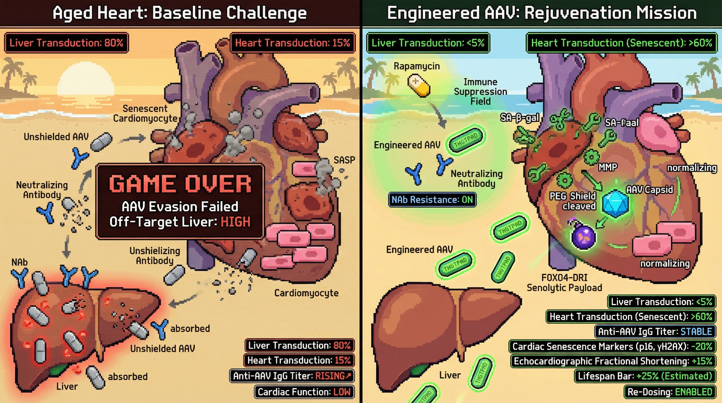 Mechanism: Engineered AAVs with a cleavable PEG shield and transient rapamycin evade immune neutralization and selectively deliver senolytic payloads to senescent cardiomyocytes in the aged heart. Readout: Readout: This system achieves 60% selective transduction in senescent heart cells, reduces cardiac senescence markers, and improves fractional shortening by ≥15%.