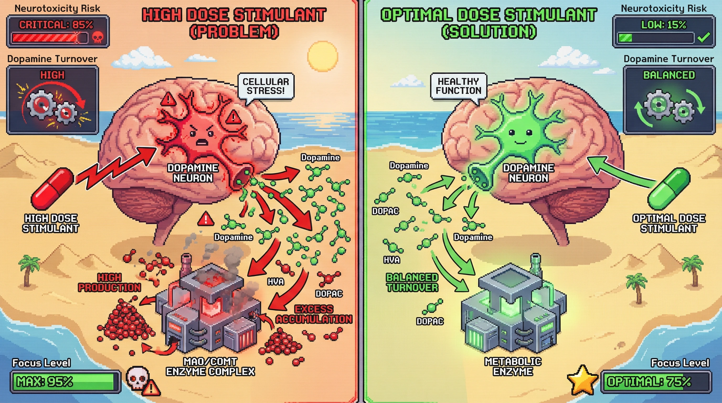 This infographic compares the effects of high versus optimal stimulant doses on dopamine neurotoxicity markers like HVA and DOPAC, illustrating how finding the right dose balances focus with cellular health, minimizing neurotoxicity risk.
