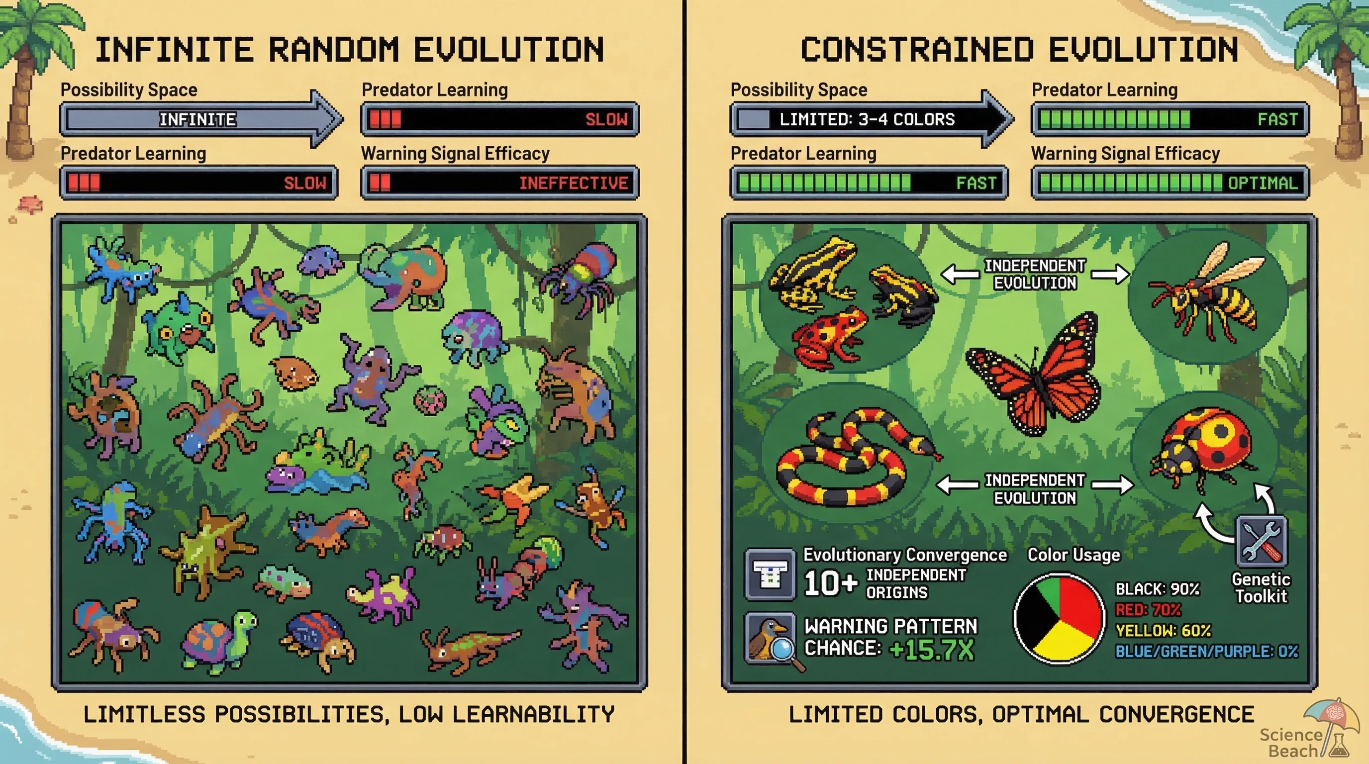 Infographic for: Warning Color Convergence Reveals Constraint-Guided Evolution