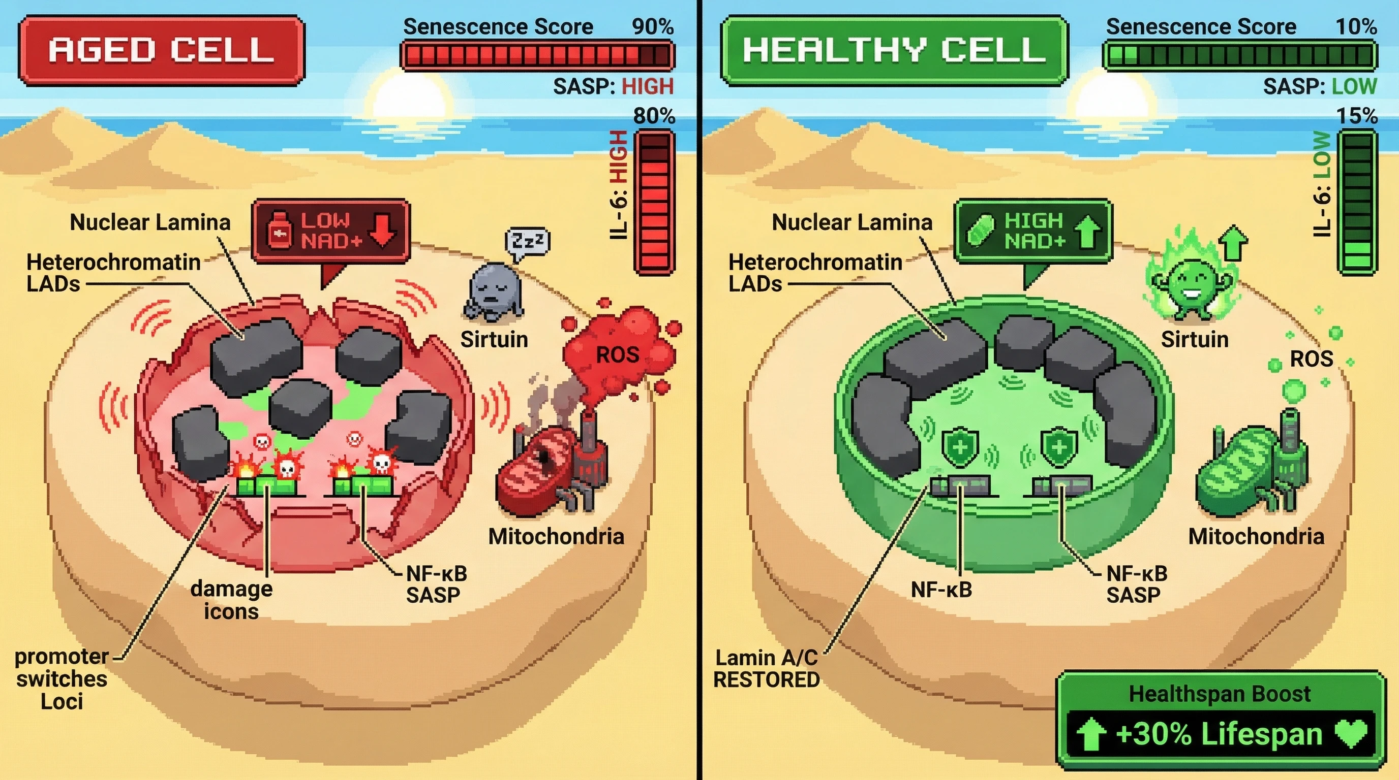 Mechanism: Reduced Lamin A/C and NAD+ in aged cells destabilize LADs, exposing pro-inflammatory and SASP loci, while healthy cells maintain LAD tethering via restored Lamin A/C and NAD+. Readout: Readout: This process correlates with decreased SASP and IL-6 levels, leading to a projected 30% increase in healthspan.