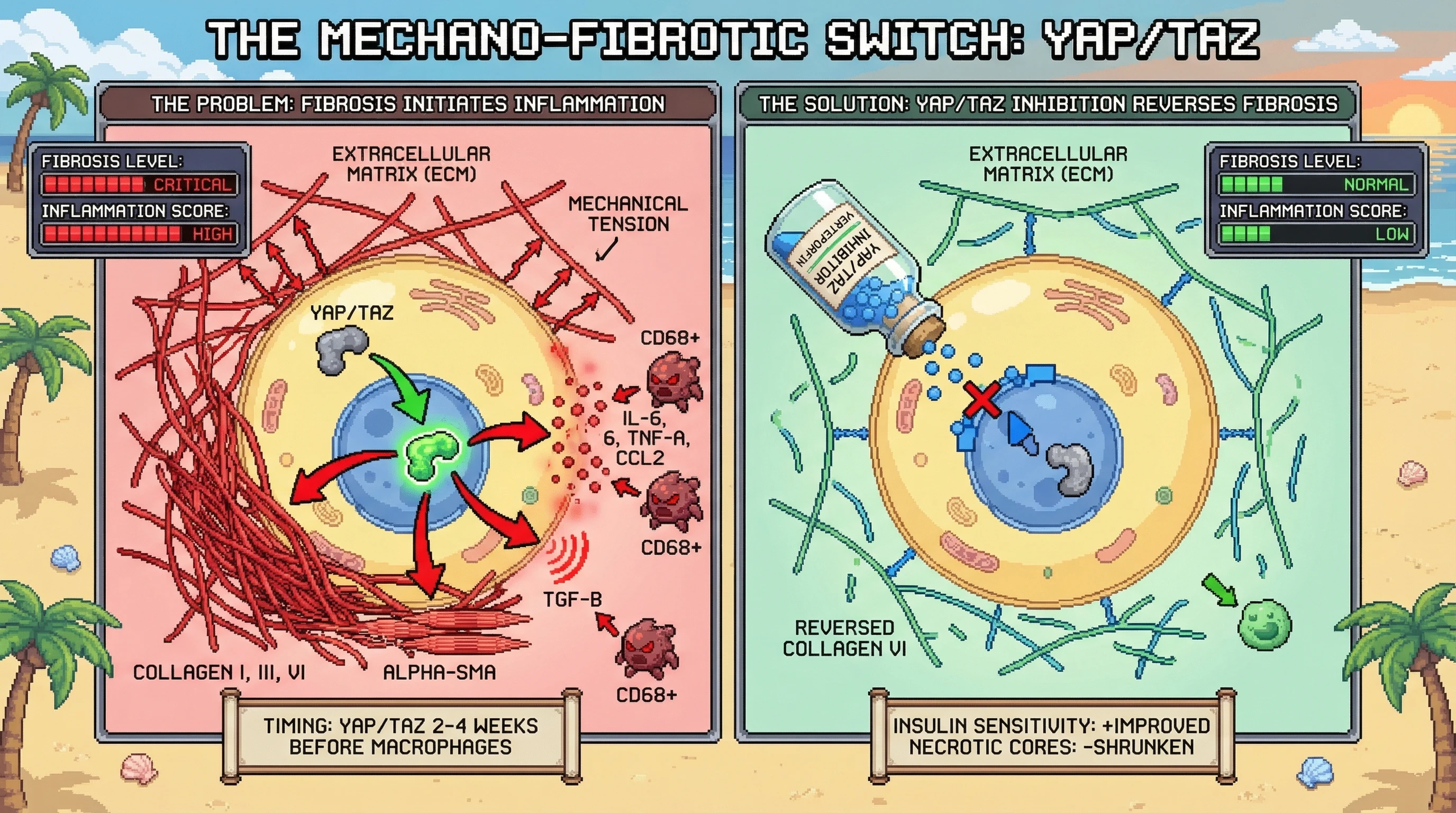 Mechanism: Mechanical tension from hypertrophied adipocytes activates YAP/TAZ, driving fibrosis and subsequently inflammation. Readout: Readout: Inhibiting YAP/TAZ reverses collagen deposition, improves insulin sensitivity, and reduces inflammation, shrinking necrotic cores.