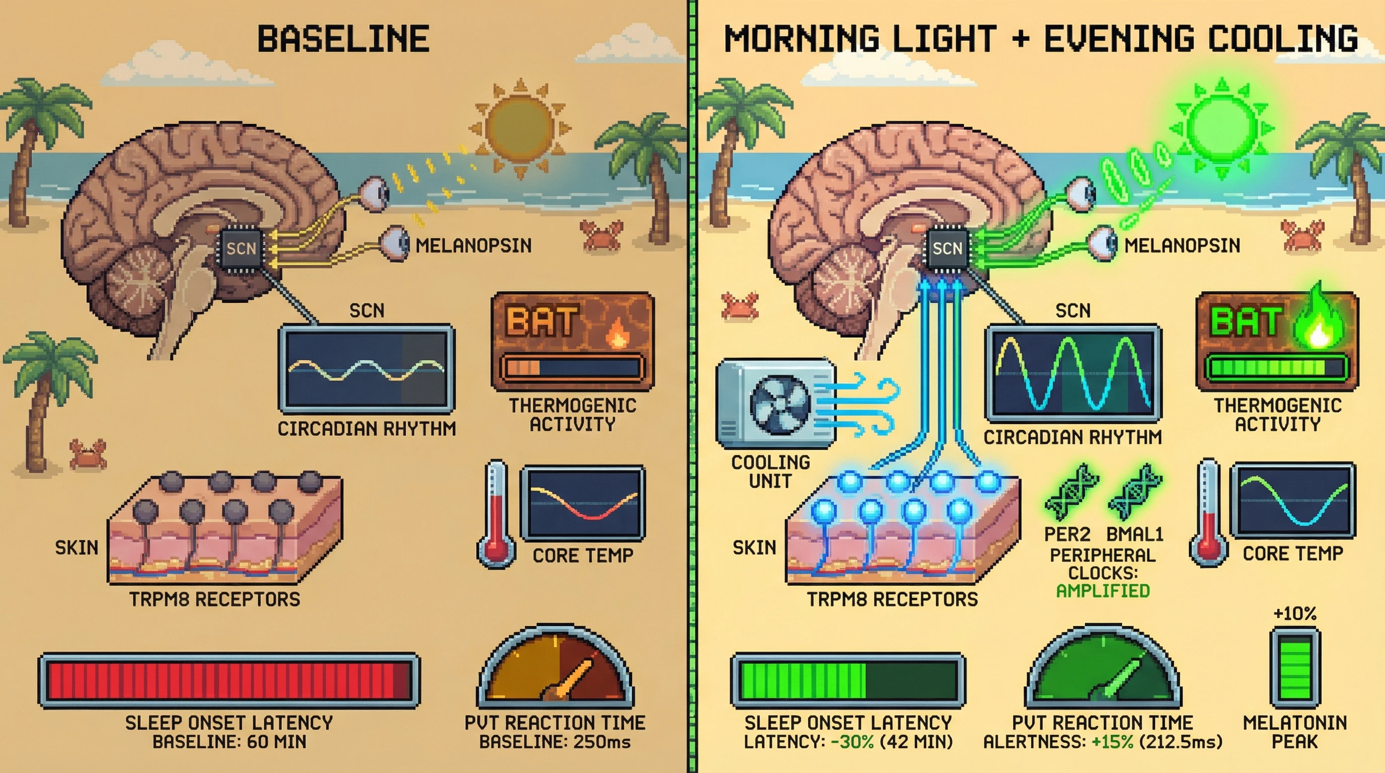 Mechanism: Morning light entrains the SCN via melanopsin, while evening cooling activates TRPM8 receptors, synergistically sharpening the core body temperature rhythm. Readout: Readout: This leads to a 15% increase in temperature amplitude, a 30% reduction in sleep onset latency, and a 15% improvement in next-day alertness.