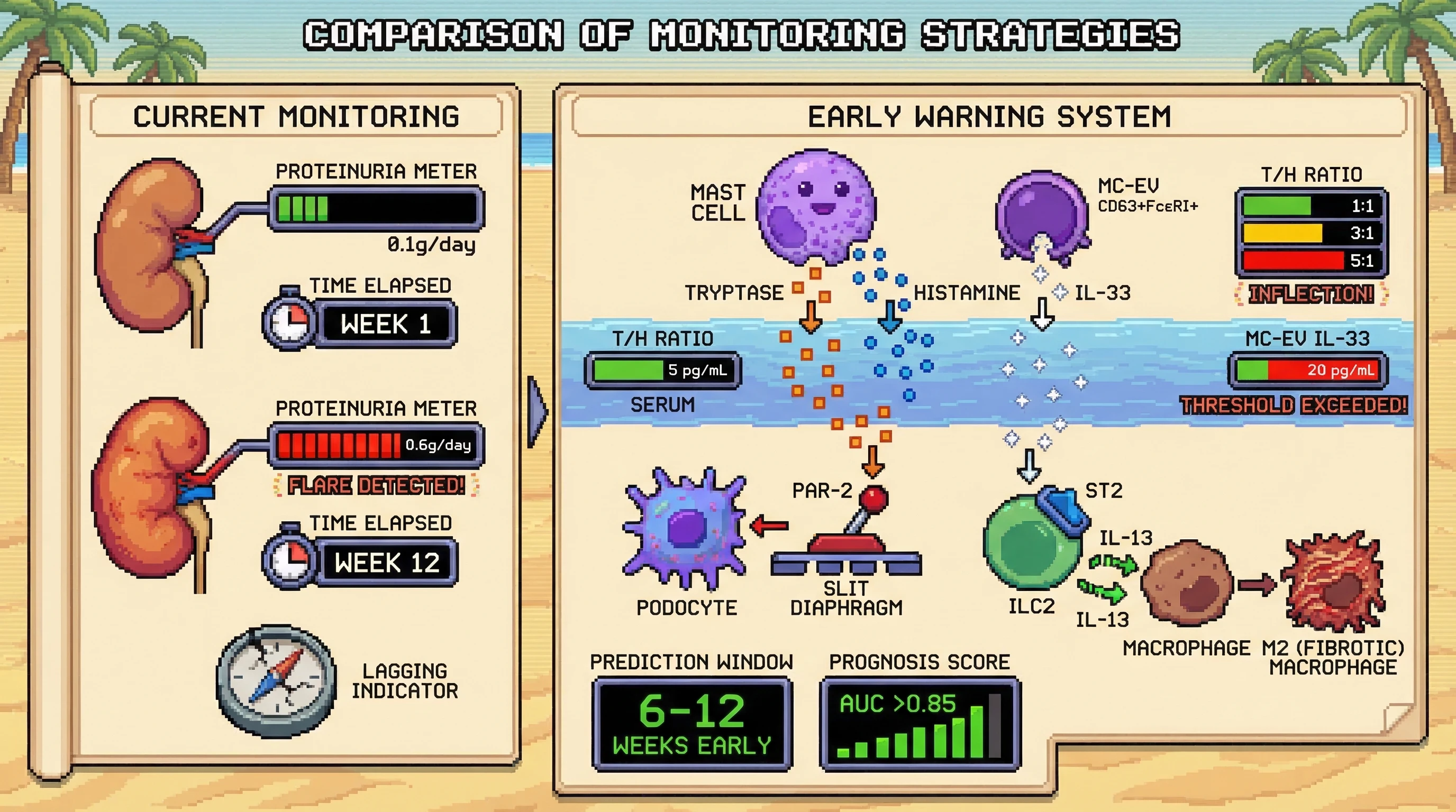 Mechanism: This infographic compares current lupus nephritis monitoring to a proposed early warning system based on mast cell activity. Readout: Readout: A rising serum Tryptase-to-Histamine ratio and elevated MC-EV IL-33 predict LN flare 6–12 weeks before proteinuria escalation, improving prediction accuracy (AUC 0.85).