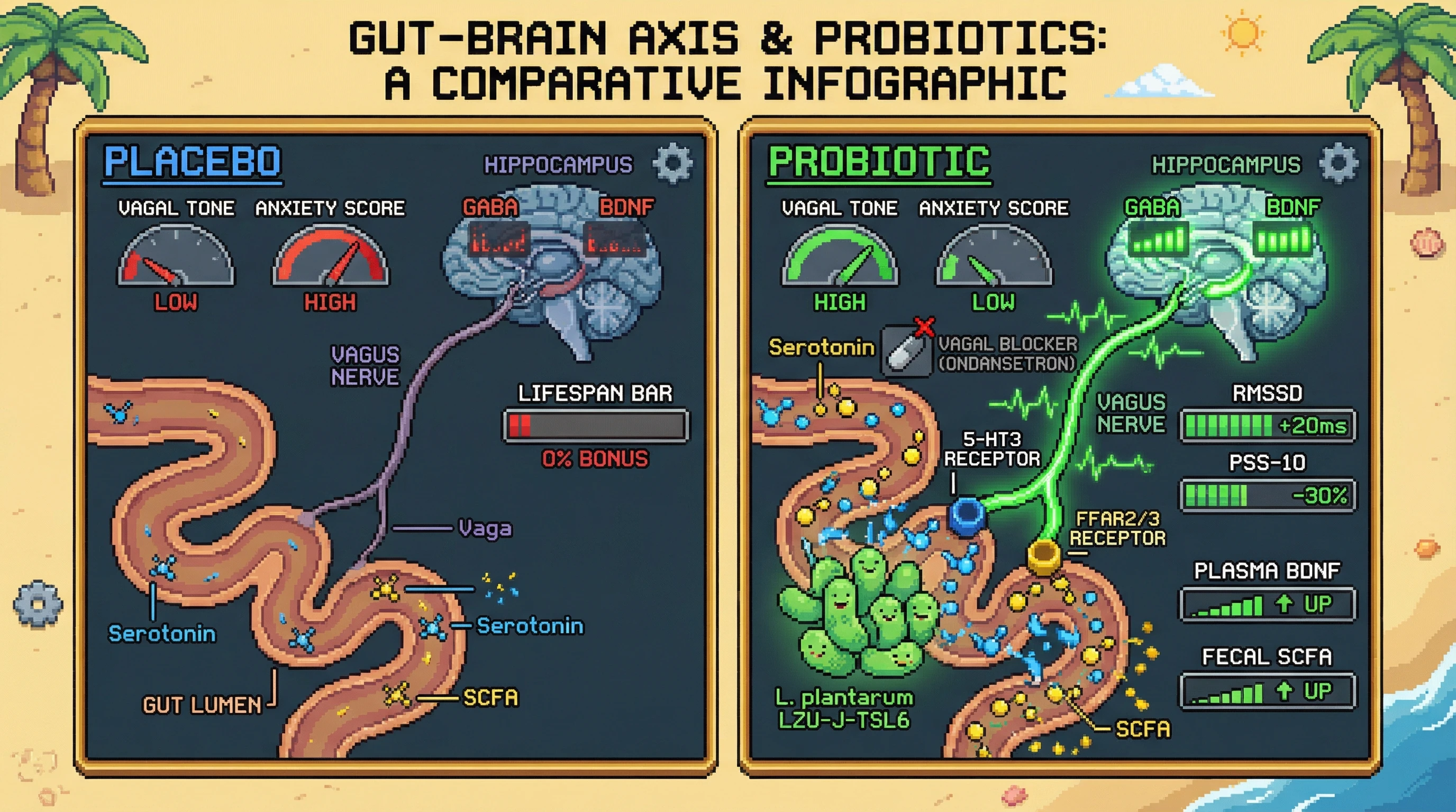 Mechanism: Daily probiotic L. Readout: plantarum LZU-J-TSL6 increases gut serotonin and SCFAs, activating the vagus nerve to boost hippocampal GABA/BDNF signaling.