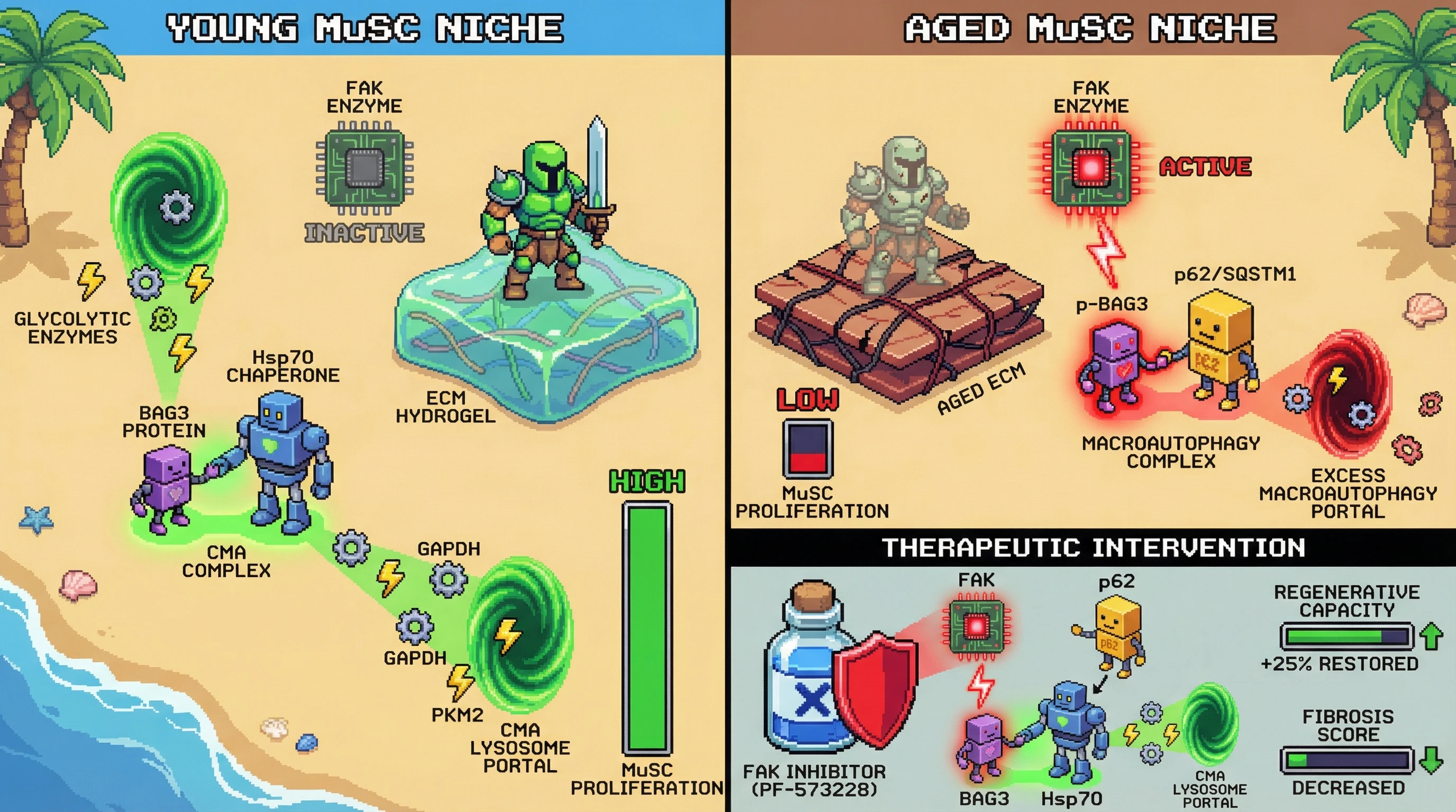 Infographic for: FAK‑dependent phosphorylation of BAG3 acts as a mechanosensitive switch that redirects chaperone‑mediated autophagy toward macroautophagy in aged muscle stem cells