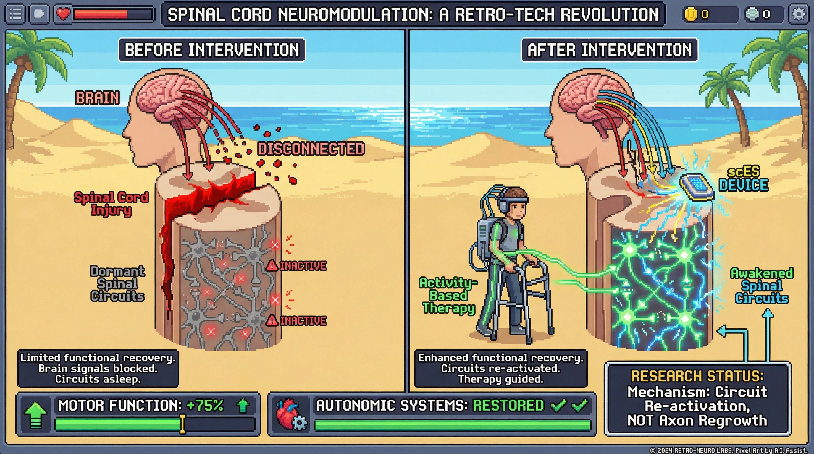 This infographic illustrates how epidural stimulation combined with activity-based therapy reactivates previously dormant spinal circuits below an injury, leading to significant functional recovery in complete spinal cord injury patients.