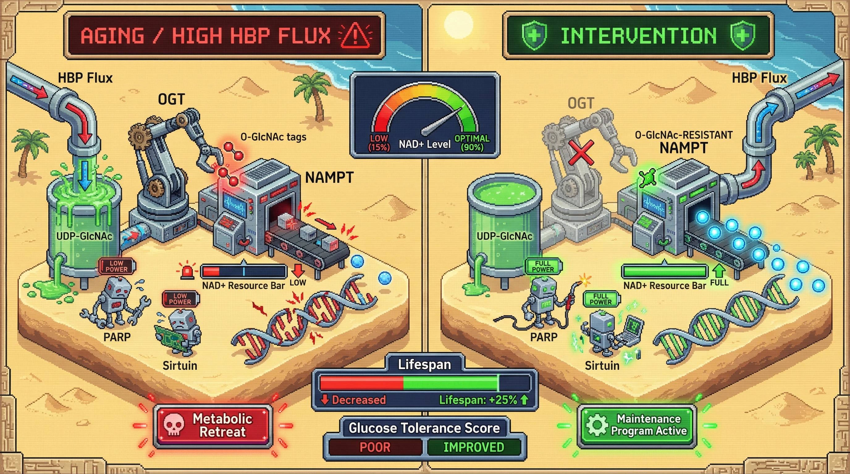Infographic for: O-GlcNAcylation of NAMPT as a nutrient-sensing switch that drives NAD+ decline during aging