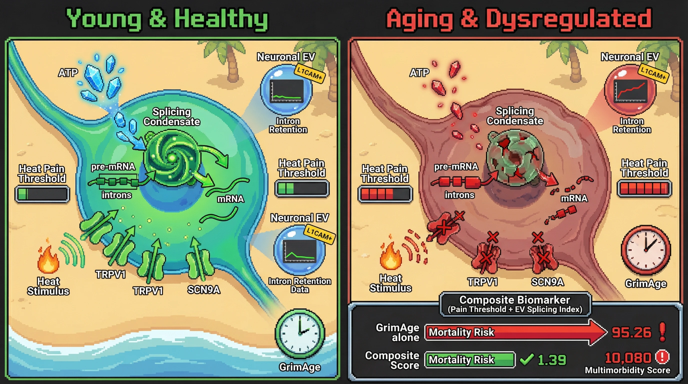 Infographic for: Pain Threshold Variability as a Functional Readout of Sensory Neuron Splicing Dysregulation and Systemic Biological Age
