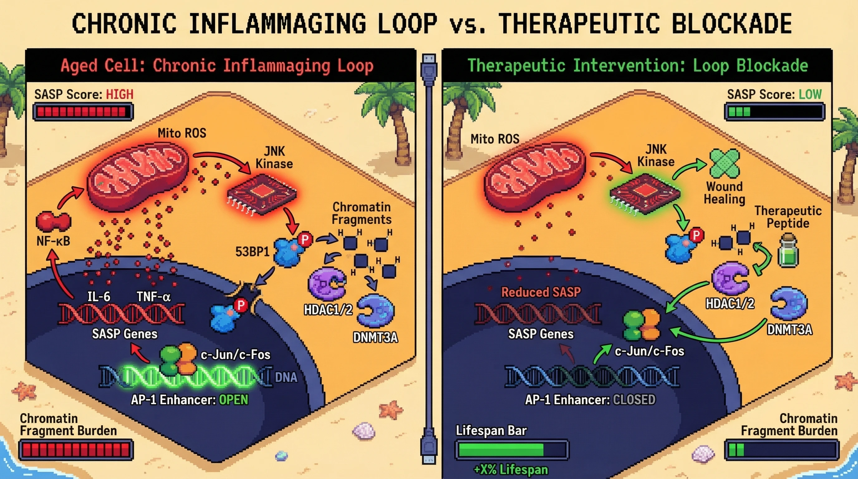 Mechanism: Mitochondrial ROS activates JNK, phosphorylating 53BP1 which extrudes chromatin fragments that sequester HDACs and DNMTs, leading to sustained AP-1 activity and SASP. Readout: Readout: Therapeutic blockade of fragment-HDAC interaction reduces SASP output and lowers chromatin fragment burden, leading to an increased lifespan.