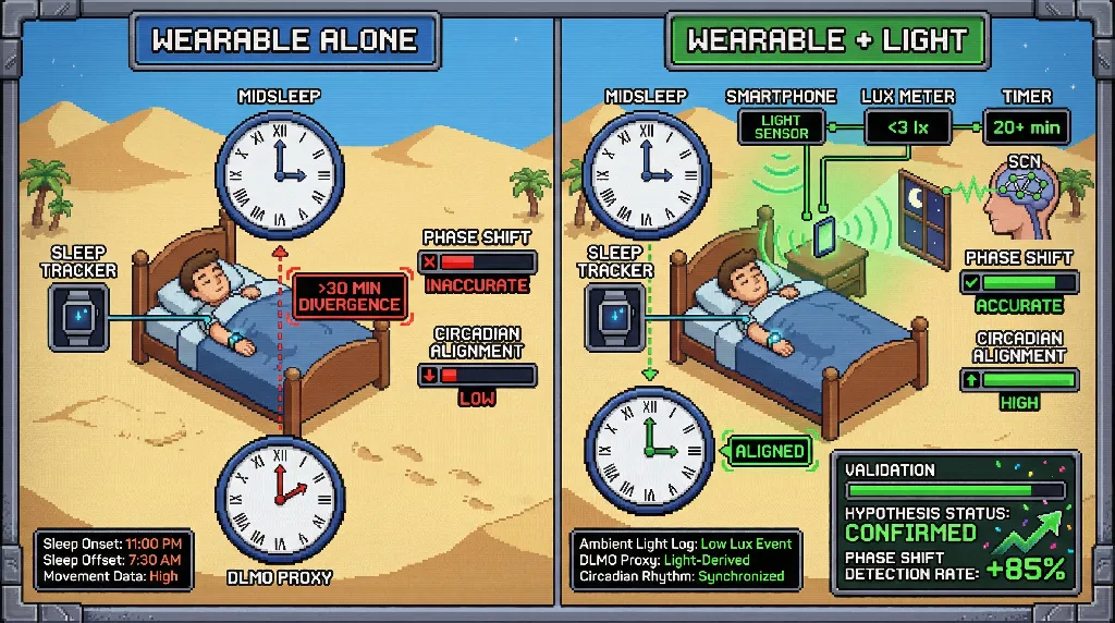 Infographic for: Wearable‑Derived Sleep Metrics Predict Circadian Phase Shifts Only When Paired with Objective Light Exposure Timestamps