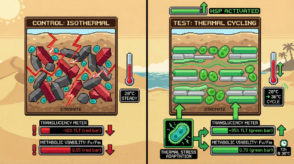 Infographic for: Controlled thermal cycling during cyanobacterial biosilicification simultaneously enhances optical translucency and thermotolerance in living crystalline biomaterials