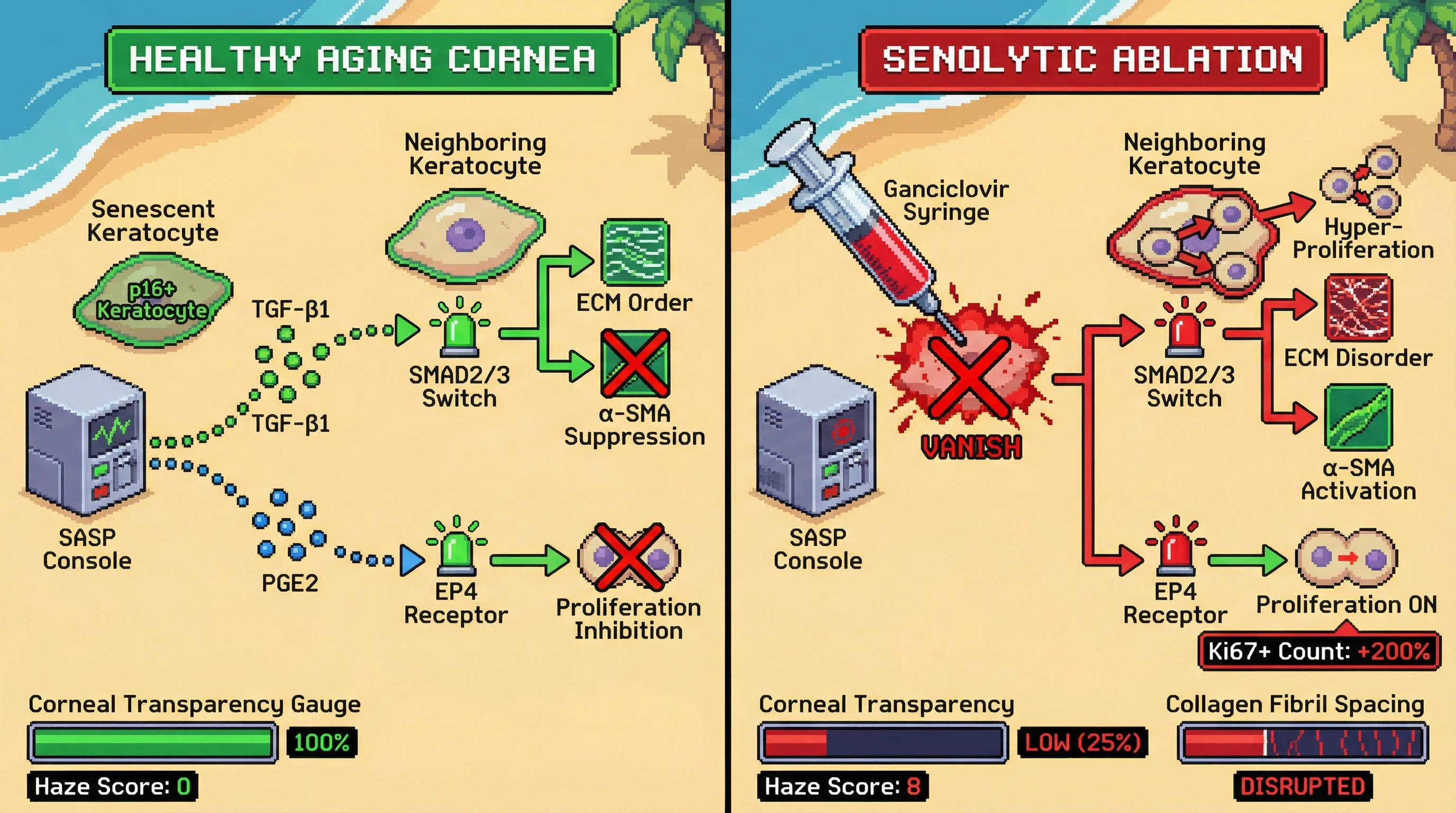 Mechanism: In healthy aging, senescent keratocytes secrete TGF-β1 and PGE2, which promote anti-fibrotic and quiescent phenotypes in neighboring cells, maintaining corneal transparency. Readout: Readout: Ablation of these senescent cells leads to hyper-proliferation, ECM disorder, increased α-SMA, a +200% increase in Ki67+ cells, and significantly elevated haze (score 8).