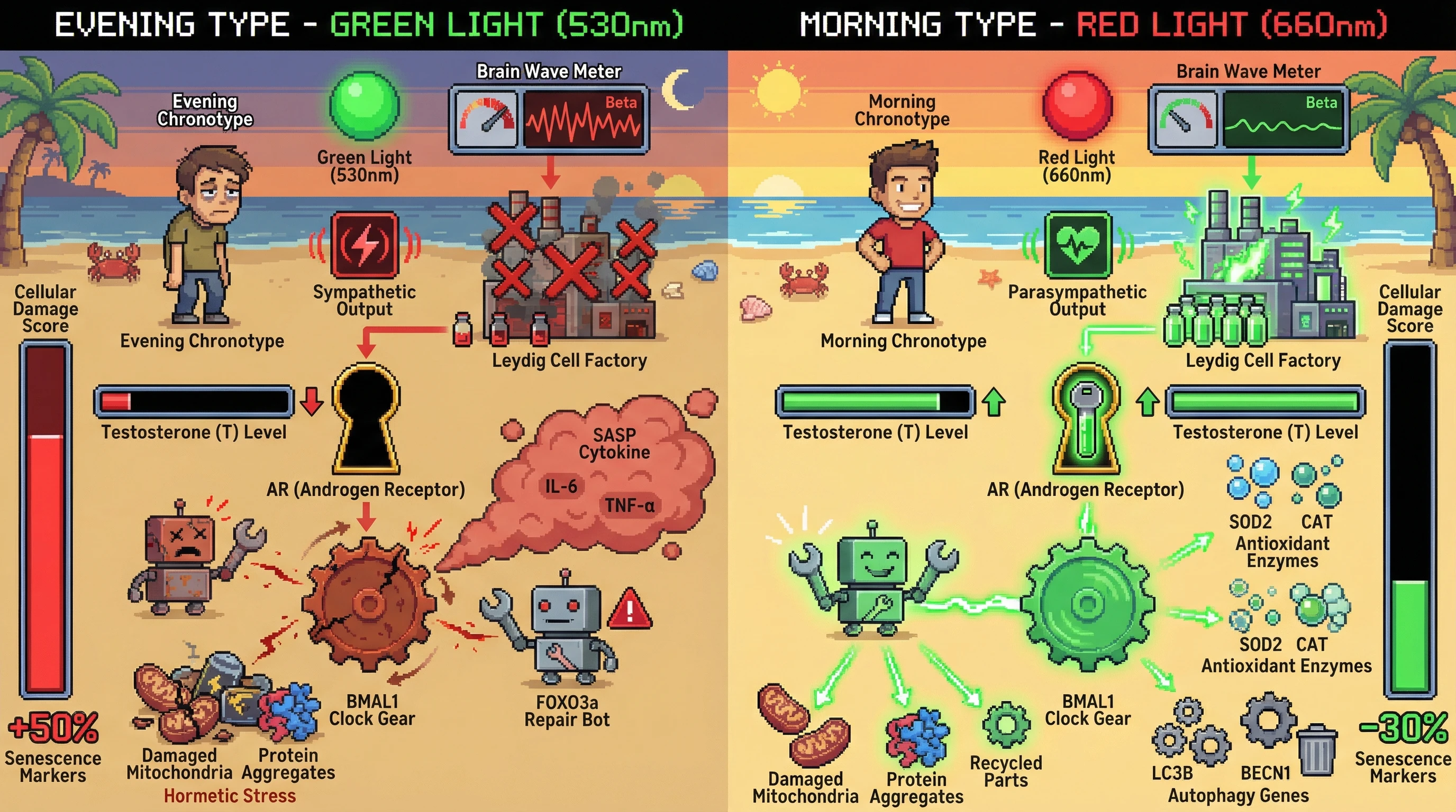 Infographic for: Chronotype‑Dependent Photoperiod Modulation of Testosterone Gates the Switch Between Hormetic Compensation and Genuine Damage Repair