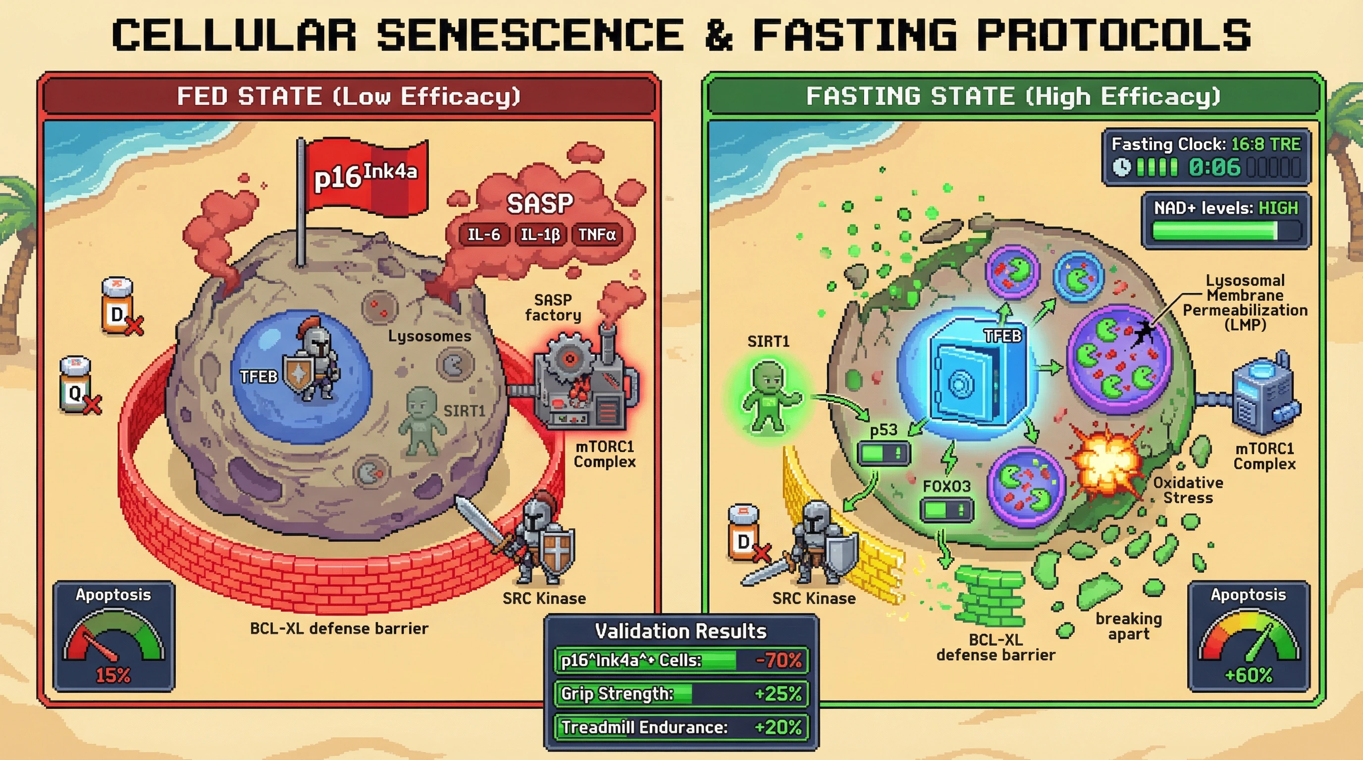 Mechanism: Intermittent fasting (TRE) primes senescent cells by activating lysosomes, boosting SIRT1, and suppressing mTOR, making them highly vulnerable to Dasatinib and Quercetin (D+Q) senolytics. Readout: Readout: This synchronized approach leads to a 2-fold increase in senescent cell apoptosis, a 70% reduction in p16^Ink4a^-positive cells, and over 20% improvement in functional metrics like grip strength and endurance.