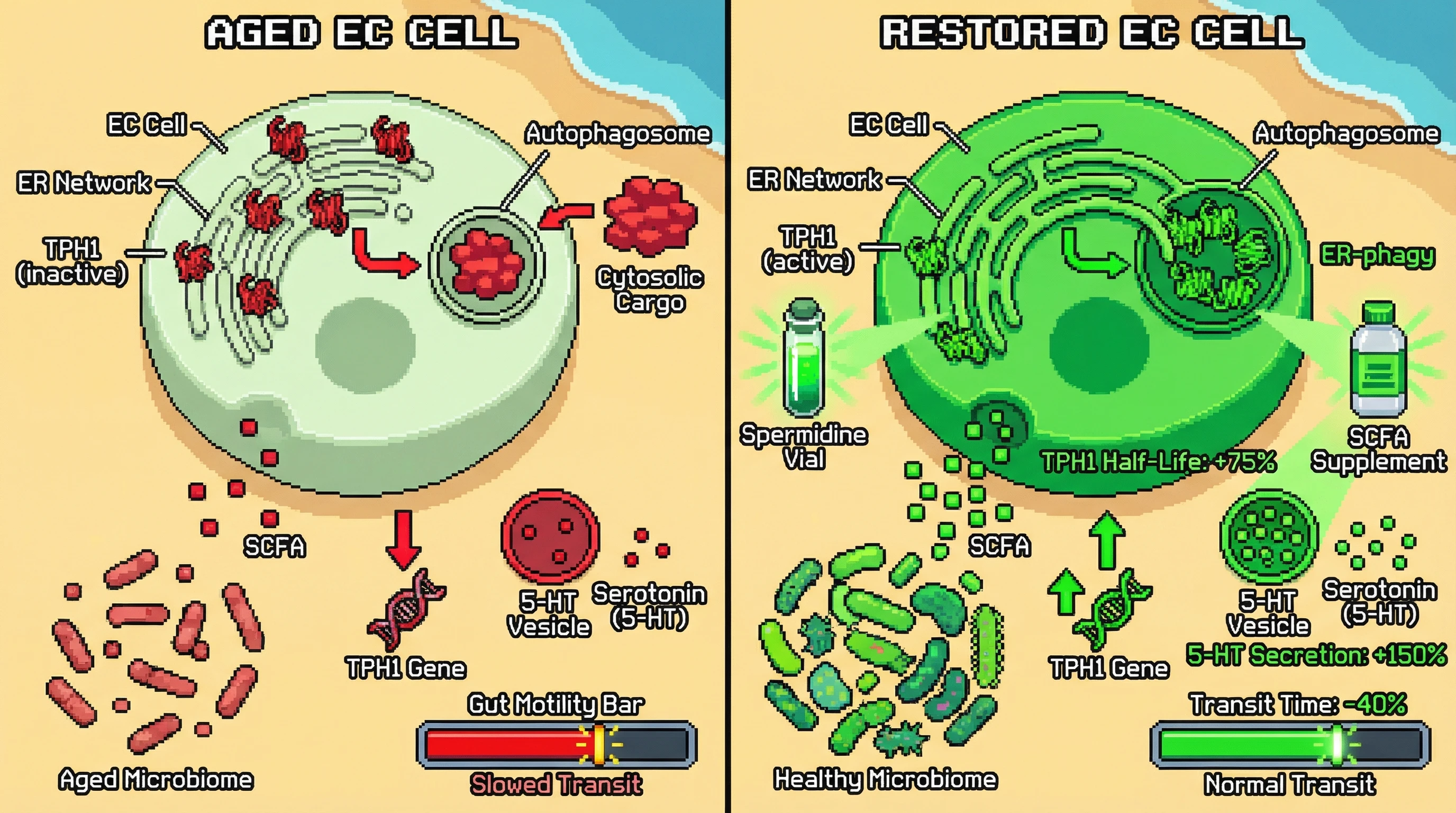 Mechanism: Aging shifts ER-phagy priority in EC cells, reducing TPH1 turnover and serotonin release, while microbiome loss further depresses TPH1 transcription. Readout: Readout: Combined Spermidine and SCFA treatment restores TPH1 half-life and 5-HT secretion, improving gut motility by 40%.