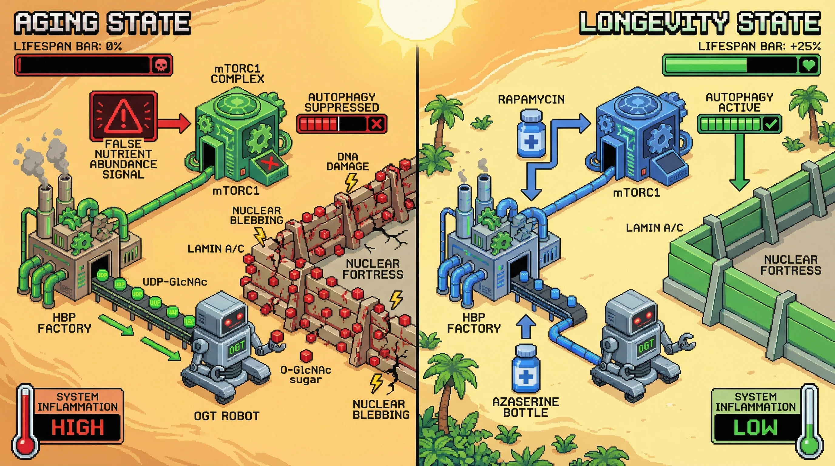Infographic for: HBP‑driven O‑GlcNAcylation as a false nutrient‑abundance signal that mTOR inhibition and HBP blockade both silence to extend lifespan
