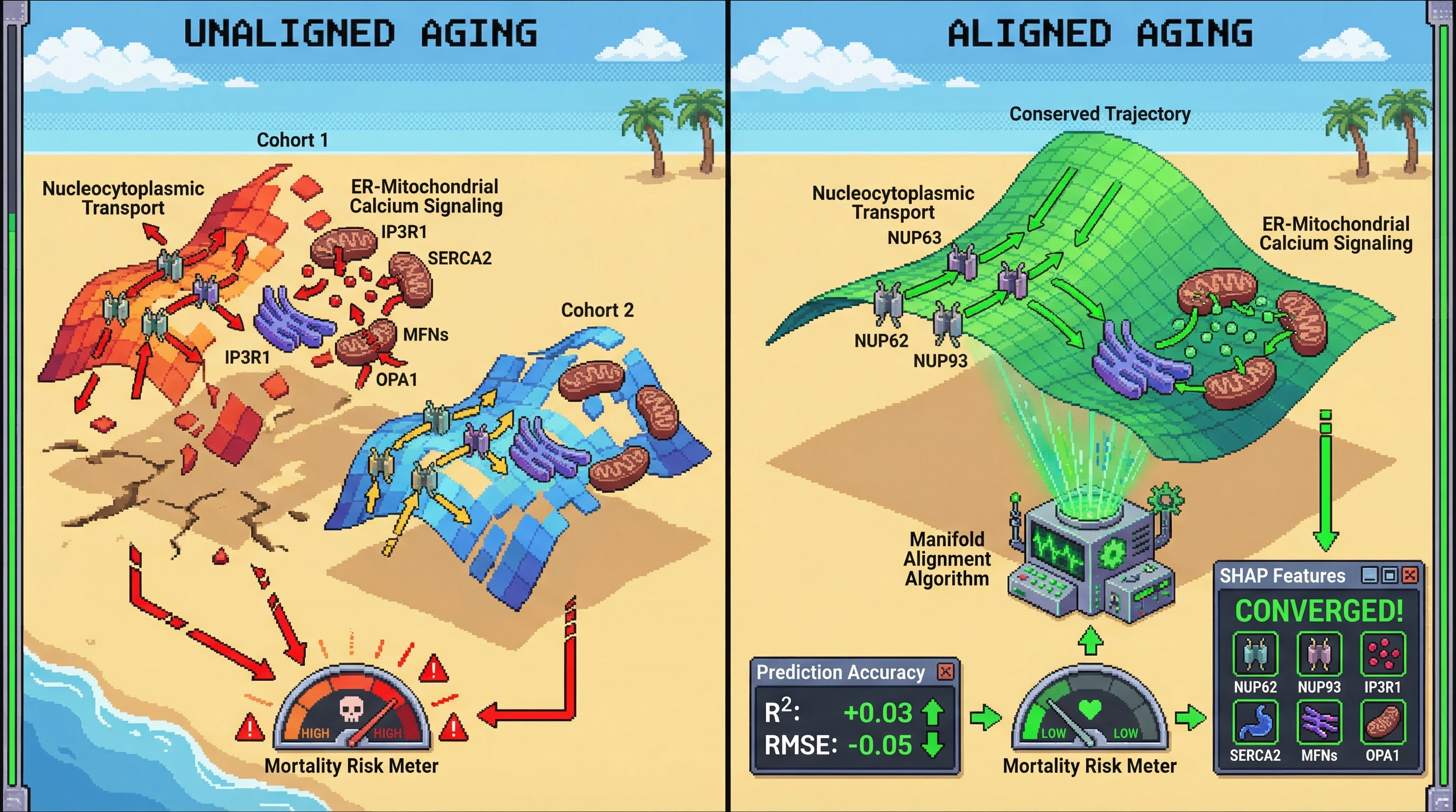Mechanism: Manifold alignment techniques merge heterogeneous multi-omics aging data into a conserved trajectory, revealing a shared nucleocytoplasmic-ER-mitochondrial stress axis. Readout: Readout: The aligned model significantly improves predictive accuracy for mortality, with R² increasing by +0.03 and RMSE decreasing, and key proteins like NUP62 and MFNs converge as top features.