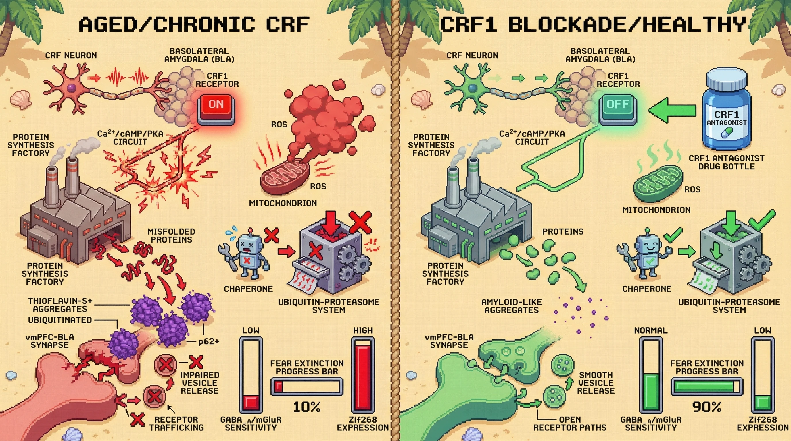Infographic for: Chronic CRF neuron hyperactivity drives adaptive amyloid-like aggregation in basolateral amygdala, impairing fear extinction