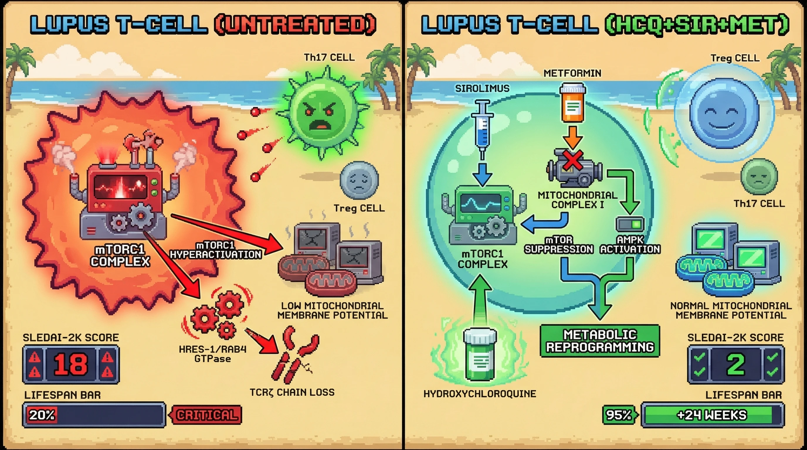 Mechanism: The triple combination of hydroxychloroquine, sirolimus, and metformin suppresses mTORC1 hyperactivation and activates AMPK in lupus T-cells, reversing metabolic dysfunction. Readout: Readout: This leads to normalization of mitochondrial membrane potential and reversal of the Th17/Treg ratio, with a positive impact on the 'LIFESPAN BAR' over 24 weeks.