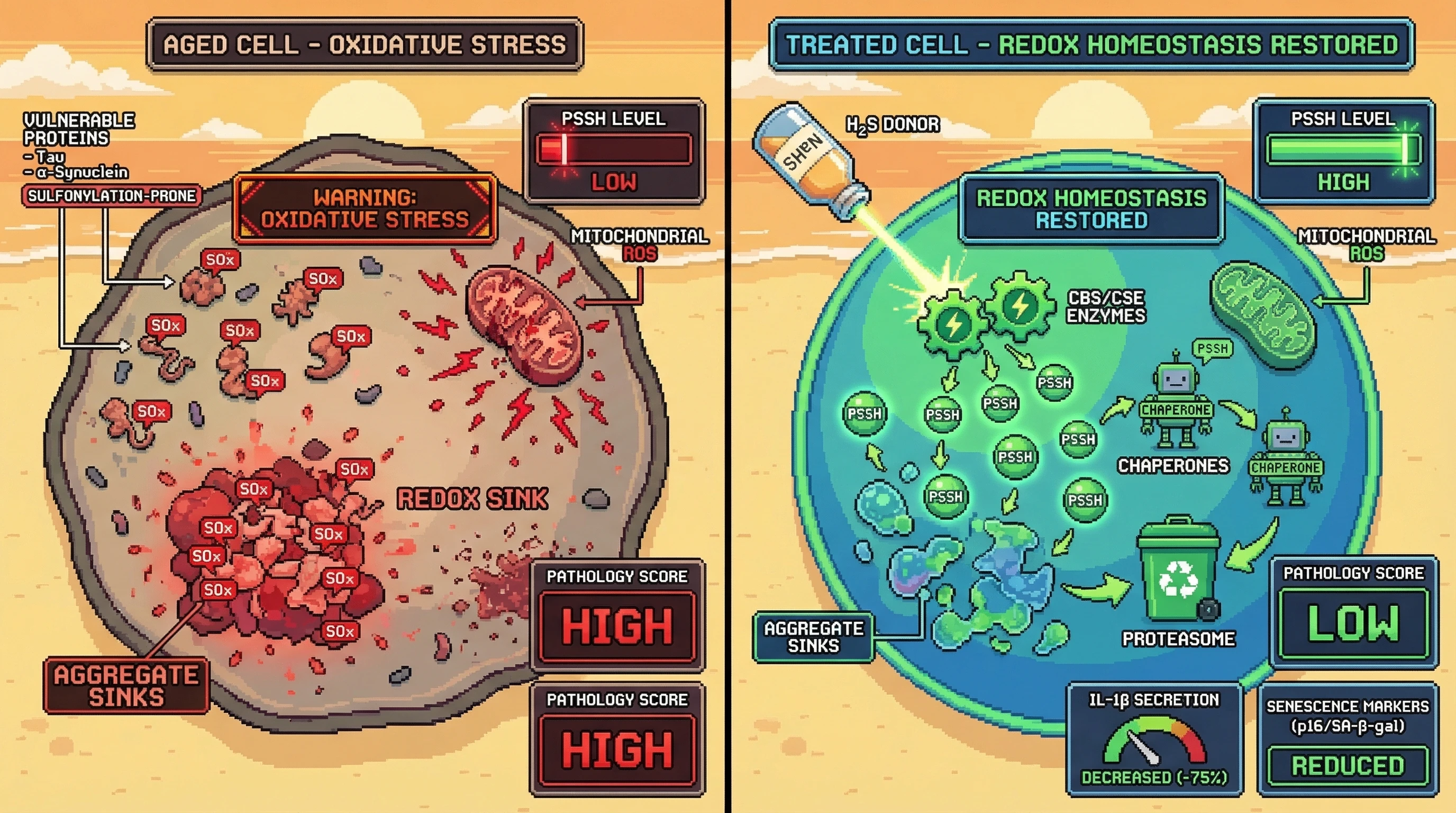 Mechanism: Restoring persulfide (PSSH) levels via H₂S donors reduces protein sulfonylation and disassembles aggregate redox sinks in aged cells, allowing proper protein processing. Readout: Readout: This intervention decreases IL-1β secretion and reduces senescence markers.