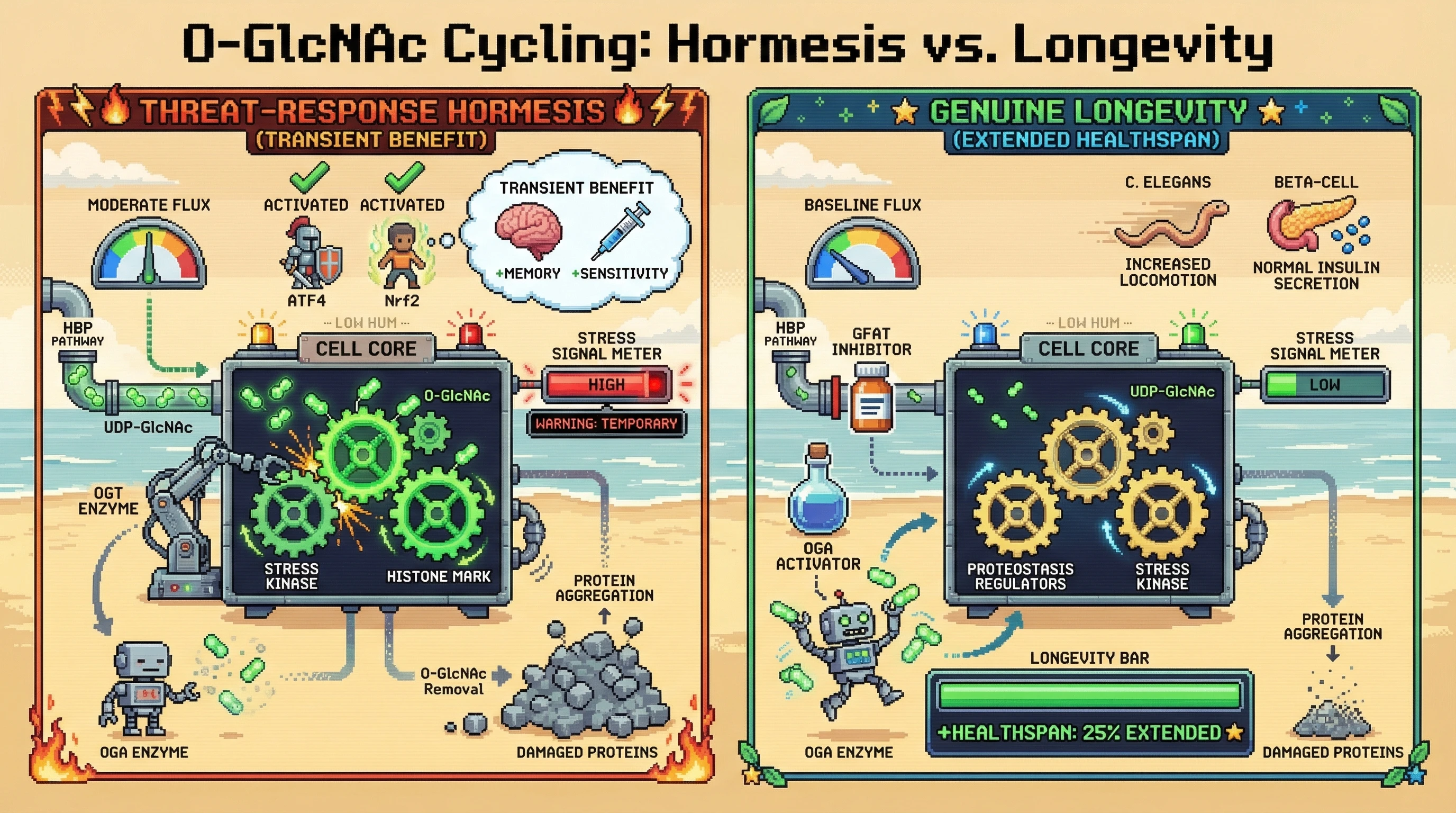 Infographic for: HBP-Dependent O-GlcNAc Cycling as the Molecular Switch Between Threat-Response Hormesis and Genuine Longevity