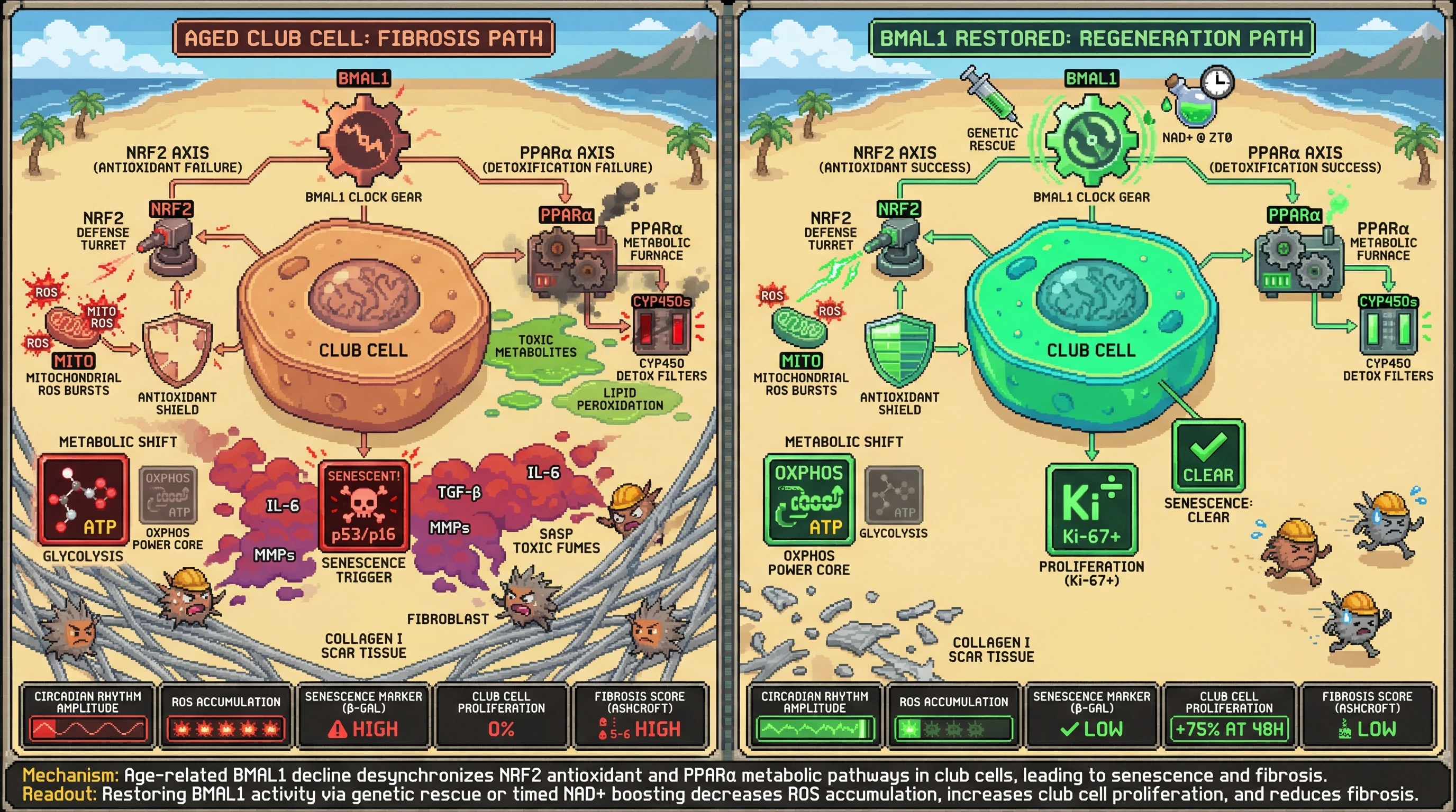 Infographic for: Hypothesis: Restoring circadian amplitude in airway club cells via the BMAL1‑NRF2‑PPARα axis re‑synchronizes antioxidant and detoxification rhythms to prevent senescence‑driven fibrosis